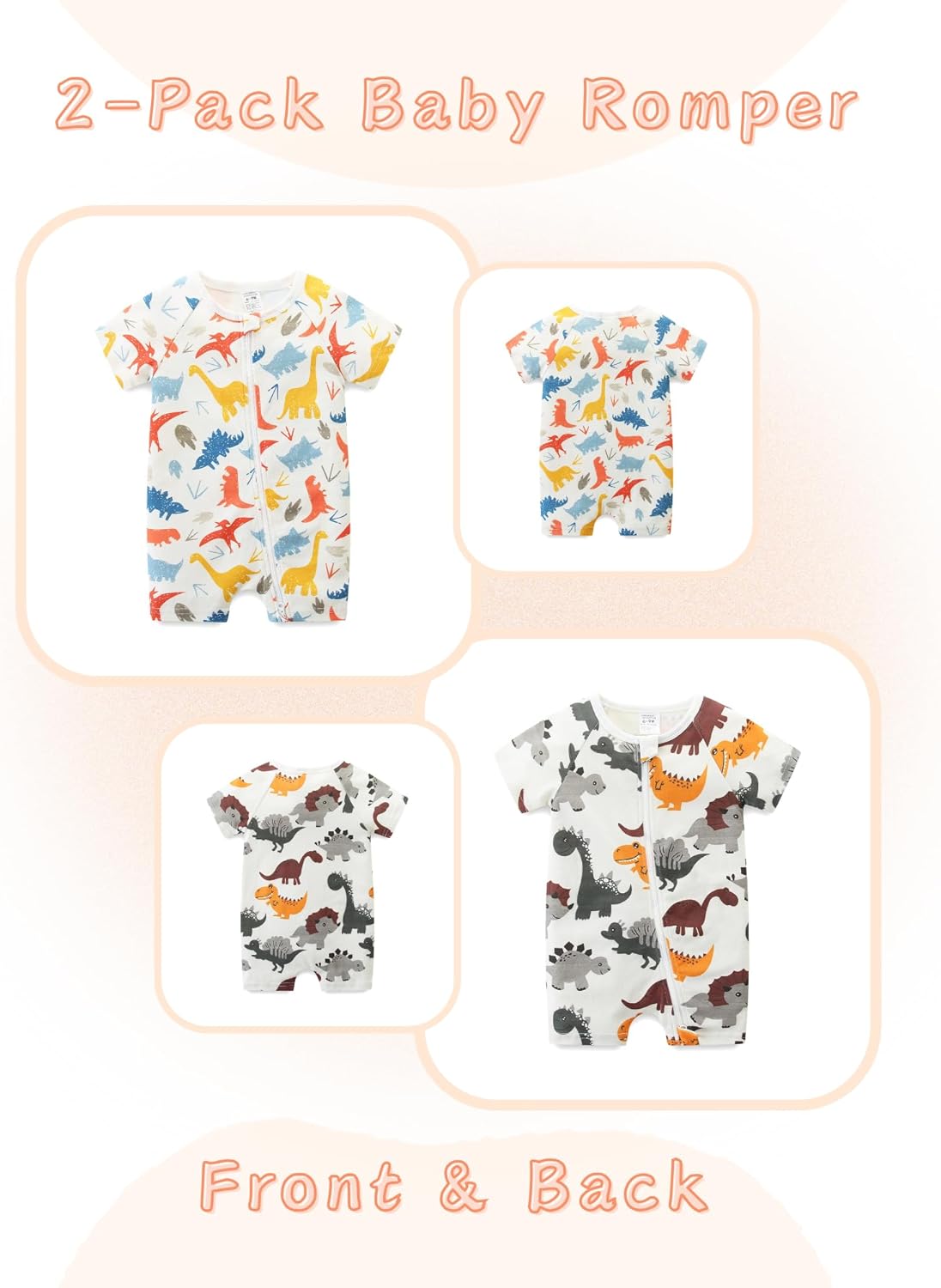 Unisex Summer Trendy 2-Pack Rompers Short Sleeve Zipped Bodysuit Infant Cotton Outfits