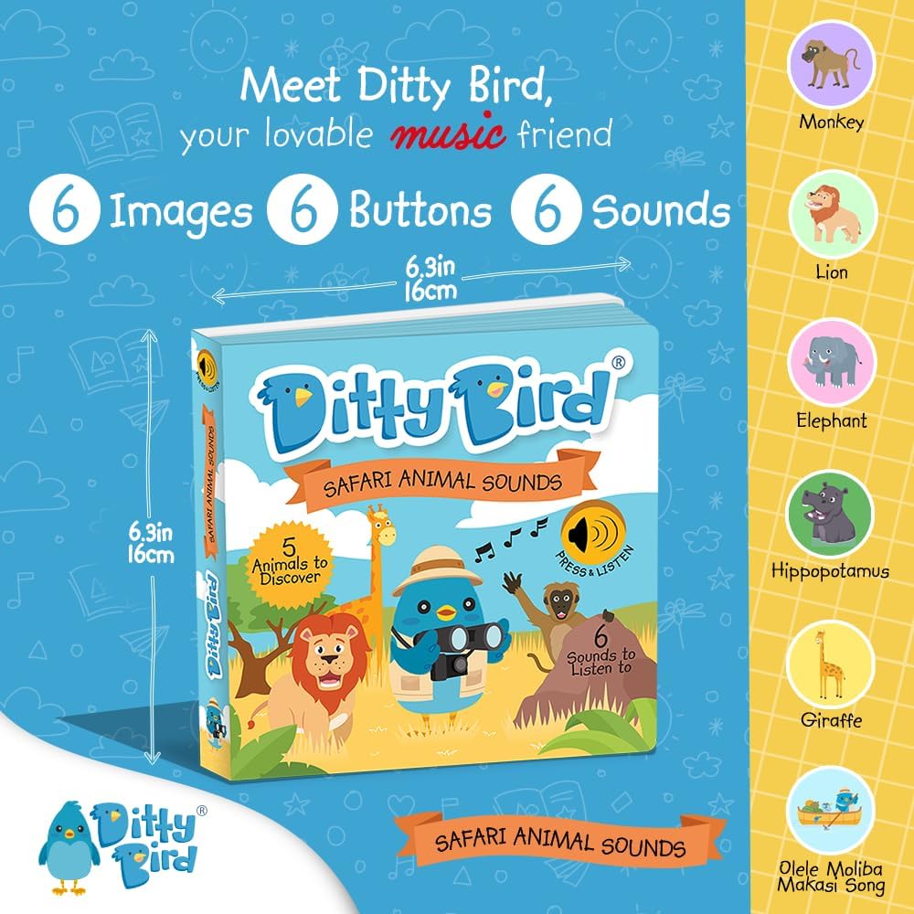Ditty Bird Safari Book for Toddlers | Realistic Animal Sound Book | Interactive Safari Board Books for Toddlers 1-3 | Sensory, Musical Books for Animal Lovers | Sturdy Nursery Rhyme Toys for Baby