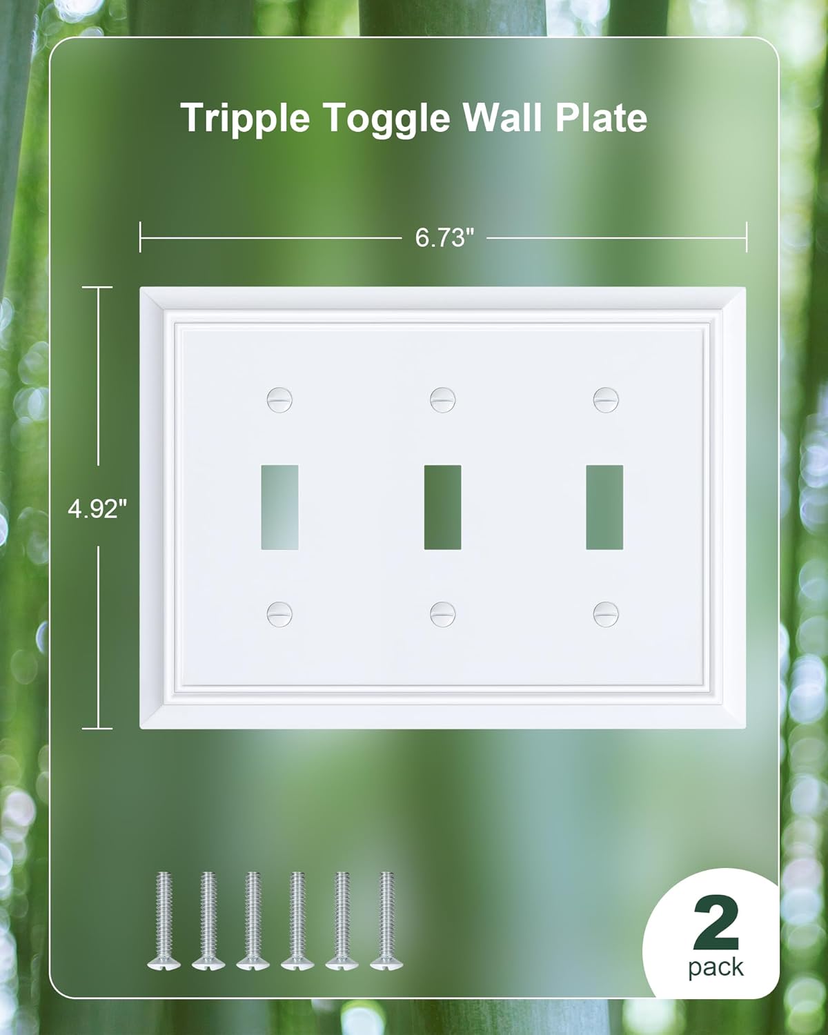 2-Pack Triple Toggle Light Switch Cover Plate, Durable Natural Bamboo Fiber Decorative Switch Plate Covers, Pure White 3 Gang Wall Plate, Corrosion Resistant