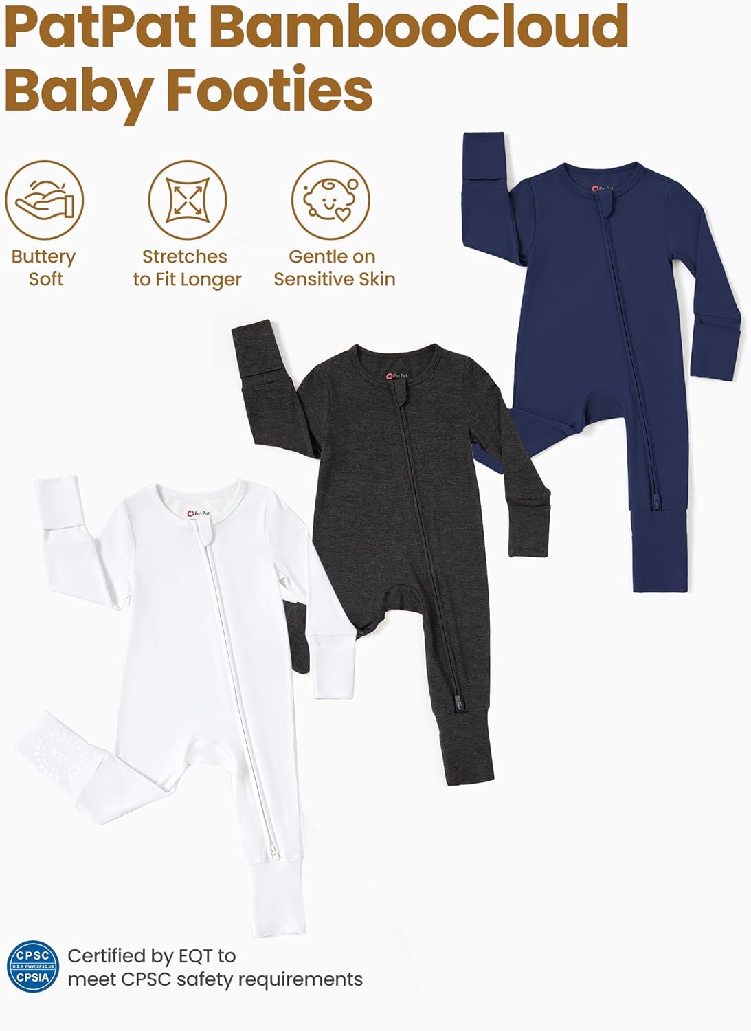 PATPAT Baby Footies Boys Girls - Bamboo Viscose - Zipper & Non-Slip Soles Romper Mitten - Footed & Footless Infant Clothes