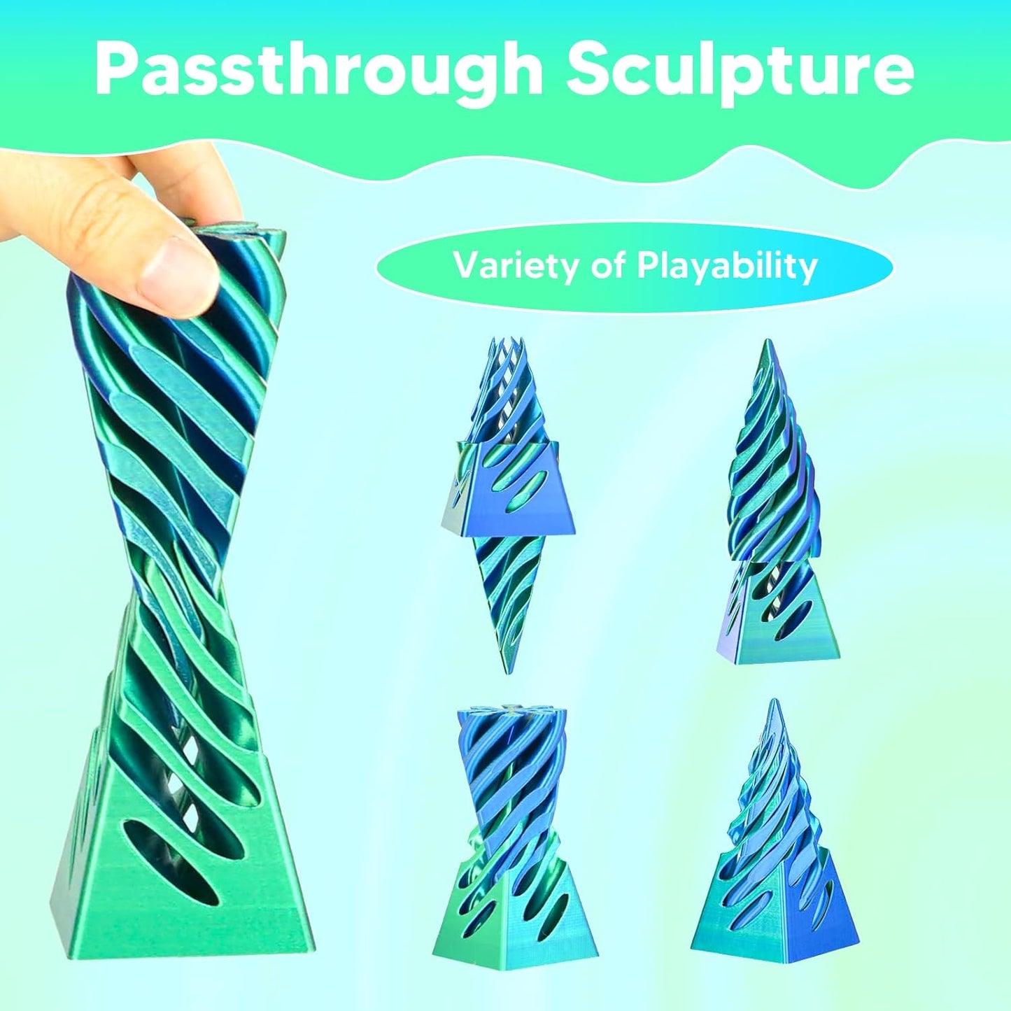 Impossible Pyramid Passthrough Sculpture, 3D Printed Spiral Cone Fidget Toys, Anxiety Relief Pass Through Pyramid Fidget Toy, Stress Relief Desk Toy Adults, Christmas, Birthday Gifts (Green Blue)