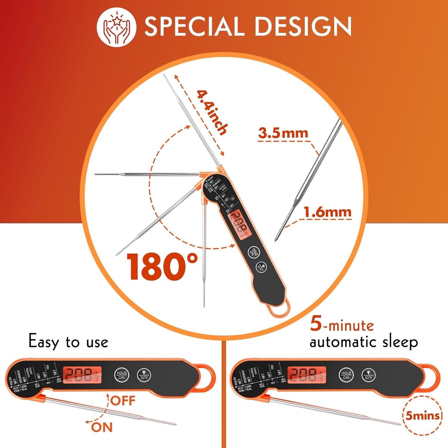 Meat Thermometer Digital with Backlight, Calibration & Hold Function, IP65 Waterproof Food Thermometer for Cooking, Outdoor Grilling, Candy Making