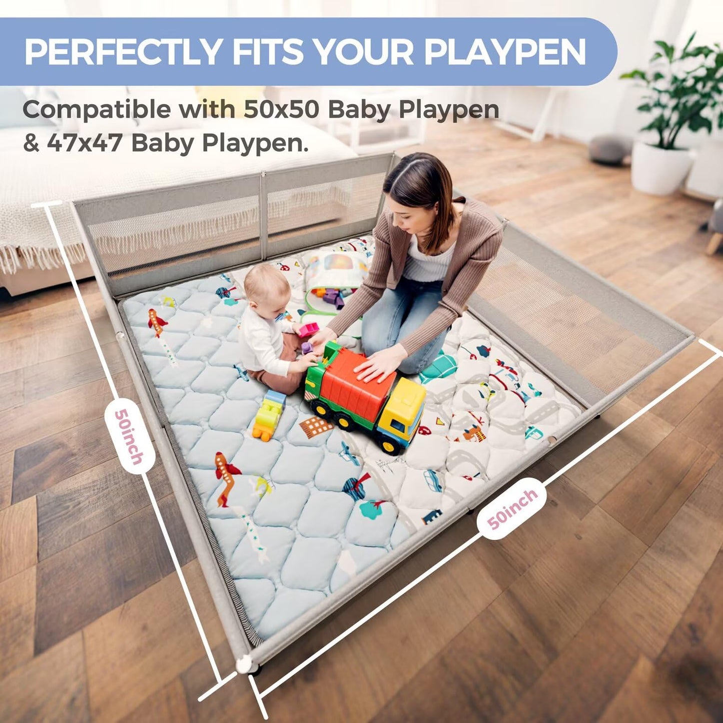 Premium Foam Baby Play Mat 50x50 Playpen Mat Thicker Cushioned Crawling Mat Waterproof Baby Floor Play Mat Non-Slip Activity Mat for Baby and Toddlers Infants Play & Tummy Time(50x50, Car)