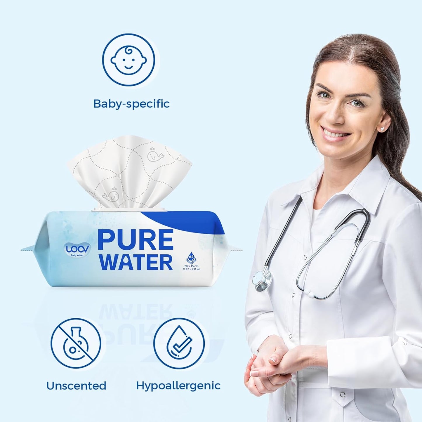 Hypoallergenic Baby Wipes, Pure Water Natural Wipes for Sensitive Skin, Unscented Baby Wipes for Face Hands & Bottom, 512 Count (8 Packs of 64)