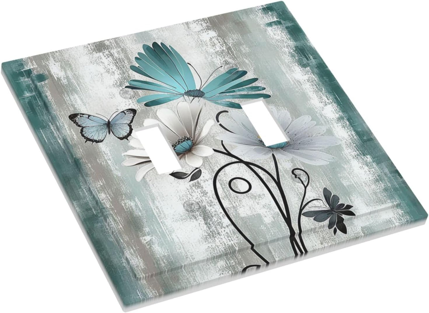 Decorative Switch Plates Rustic Teal Daisy Floral Flowers Butterfly Wood Grain 2 Gang Double Toggle Outlet Light Switch Cover Wall Plate Electrical Faceplate for Bathroom Bedroom Decor
