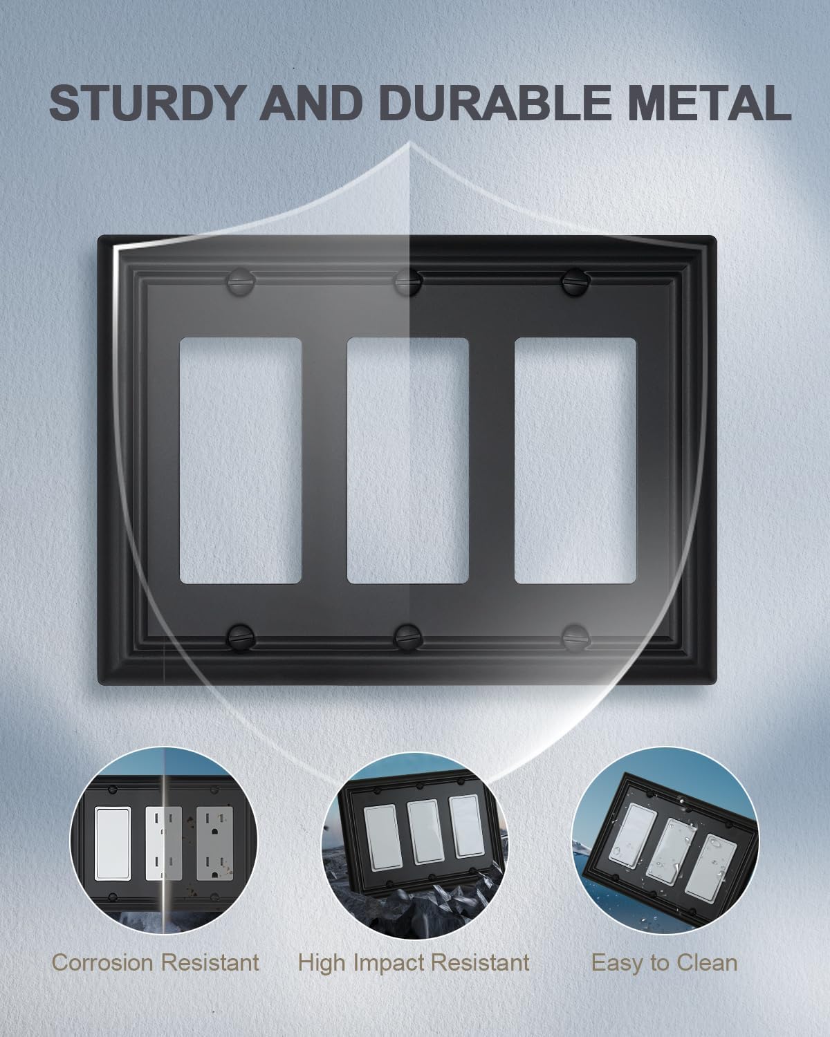 1-Pack Black Triple Decorator Outlet Covers, 3 Gang Wall Plates for Receptacle, GFCI Outlet, Dimmer Switch, Durable Metal, 6.77''*4.88'', Midsize