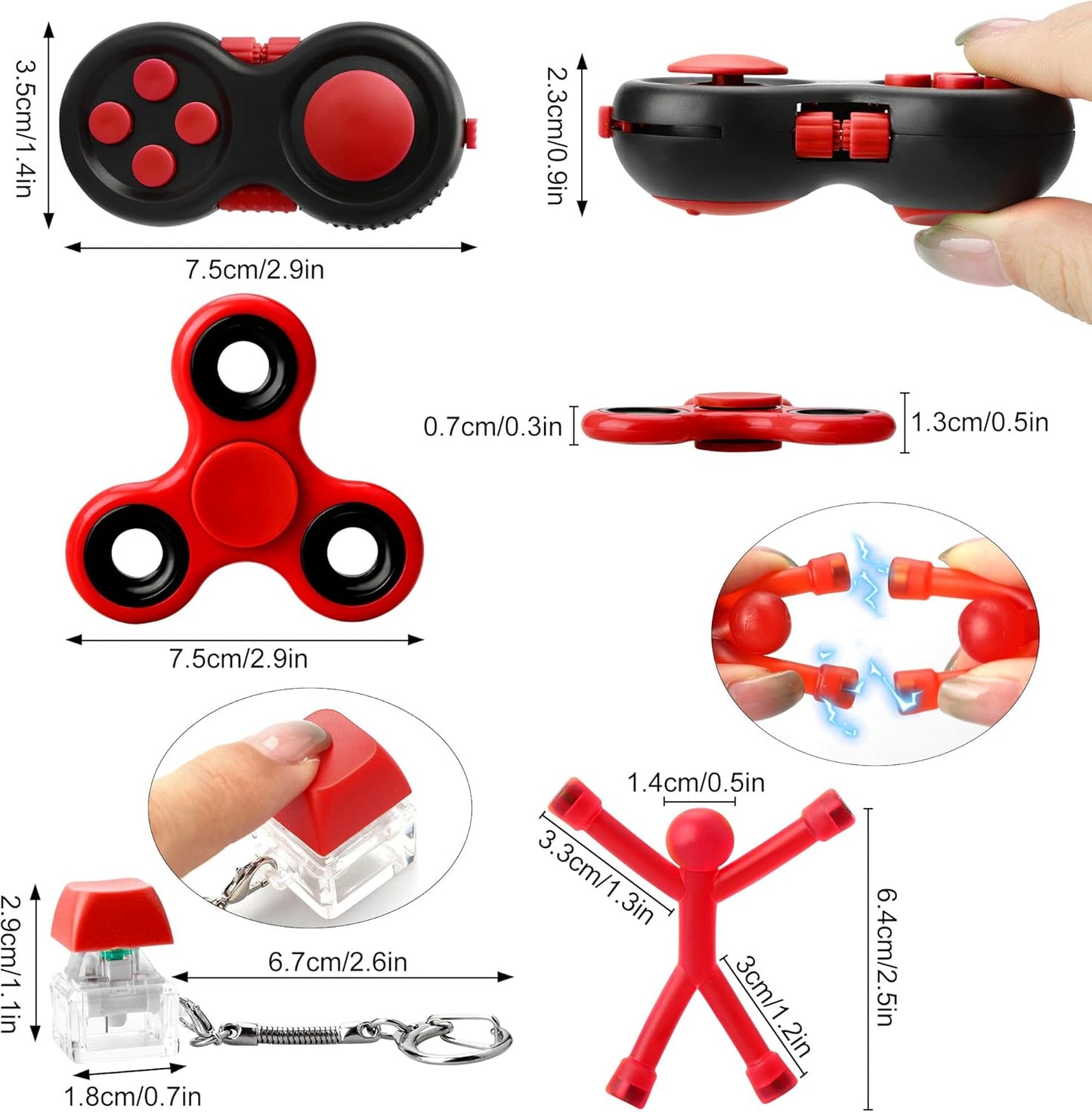 Sensory Fidget Toys, Fidget Toys for Kids 5-7, Fidget Toys Adults, Fidget Toy Pack with Fidget Pad, Fidget Spinner, Fidget Keychain Keyboard, Fridge Magnets Man (Red)