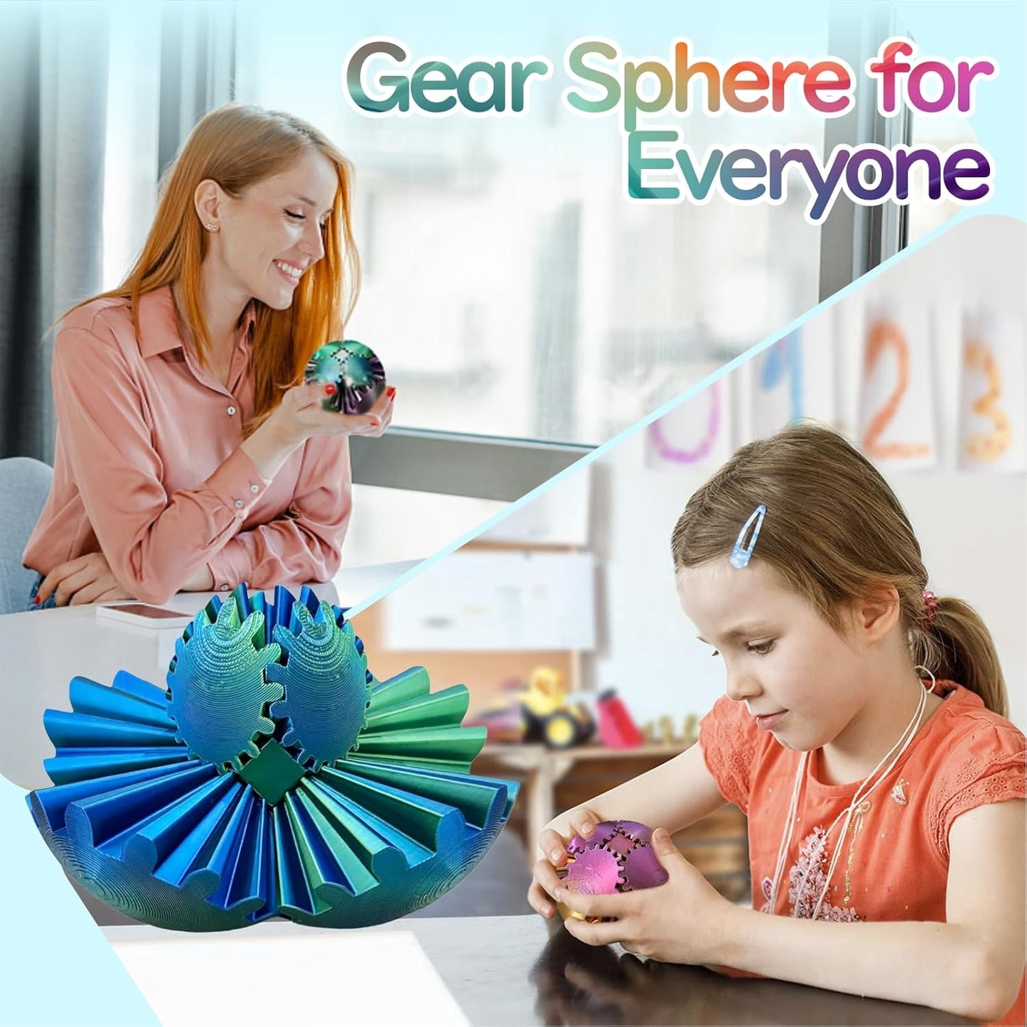 Gear Ball - GearSphere Fidget Toy, 3D Printed Gear Ball Spin Ball Cube Desk Toy, 2024 Gear Sphere Cube Puzzlefor Adults Kids, Stress and Anxiety Relaxing Fidget Toy (Blue-Green)