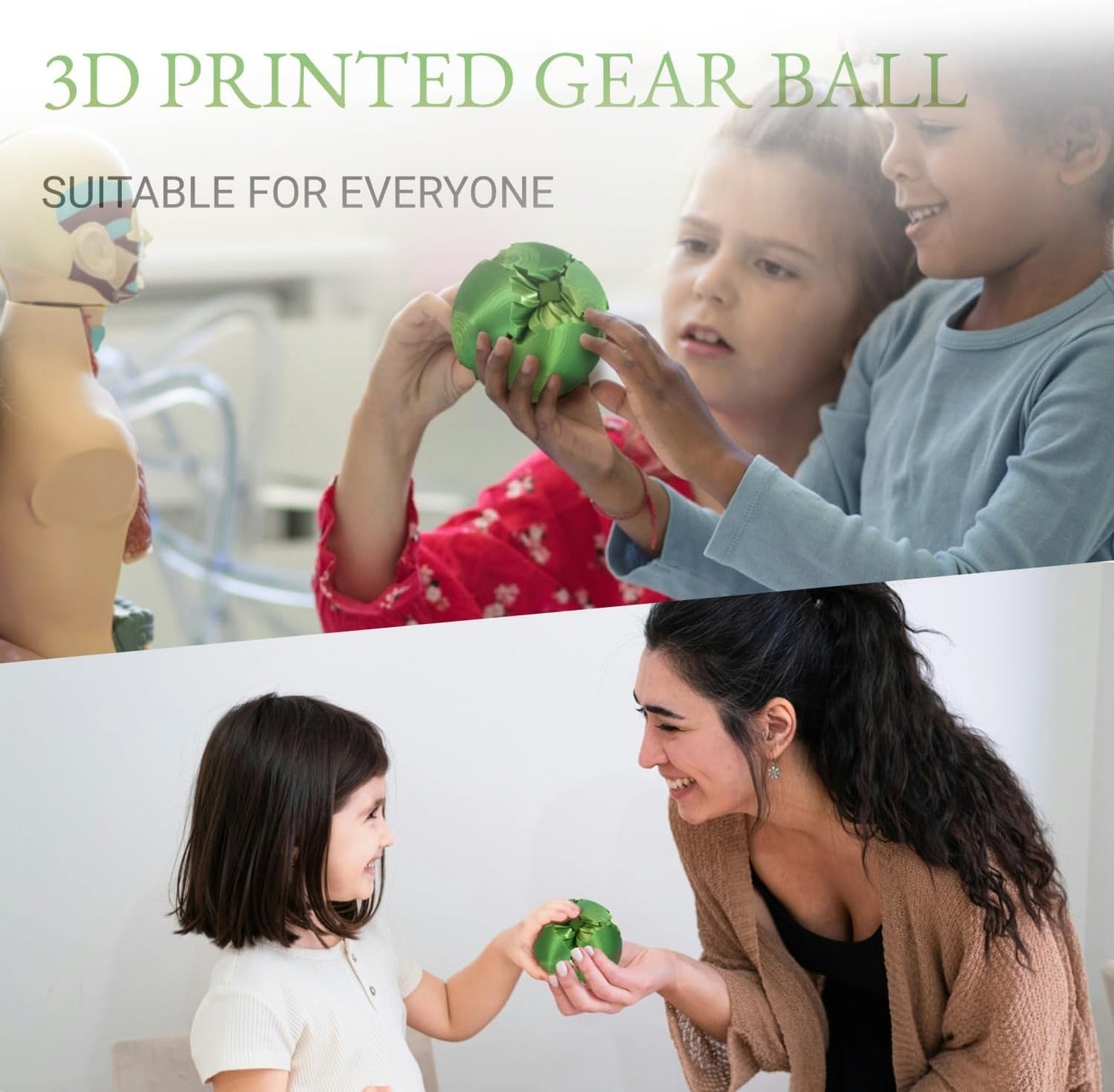 3D Printed Gear Ball, Gear Sphere Fidget Toy Stress Relif Toy for ADHD, Anxiety Relaxing Toy for Adults at Work/Study/Travel, Twisted Yellow-Green