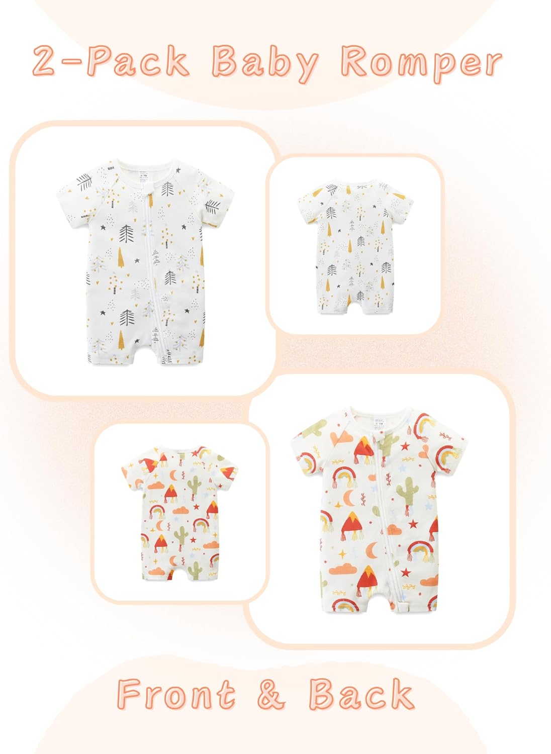 Unisex Summer Trendy 2-Pack Rompers Short Sleeve Zipped Bodysuit Infant Cotton Outfits
