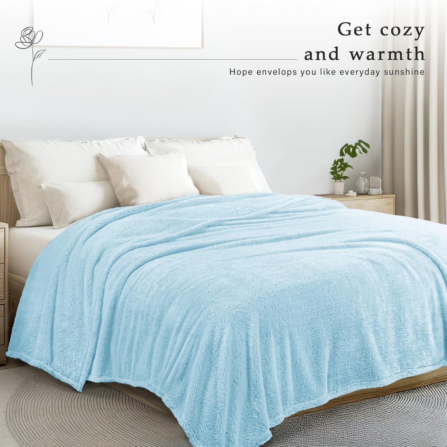 Exclusivo Mezcla Queen Size Flannel Fleece Blanket, Super Soft Velvet Plush Bed Blanket, Fuzzy Cozy and Warm for All Seasons, 90x90 Inches, Light Blue