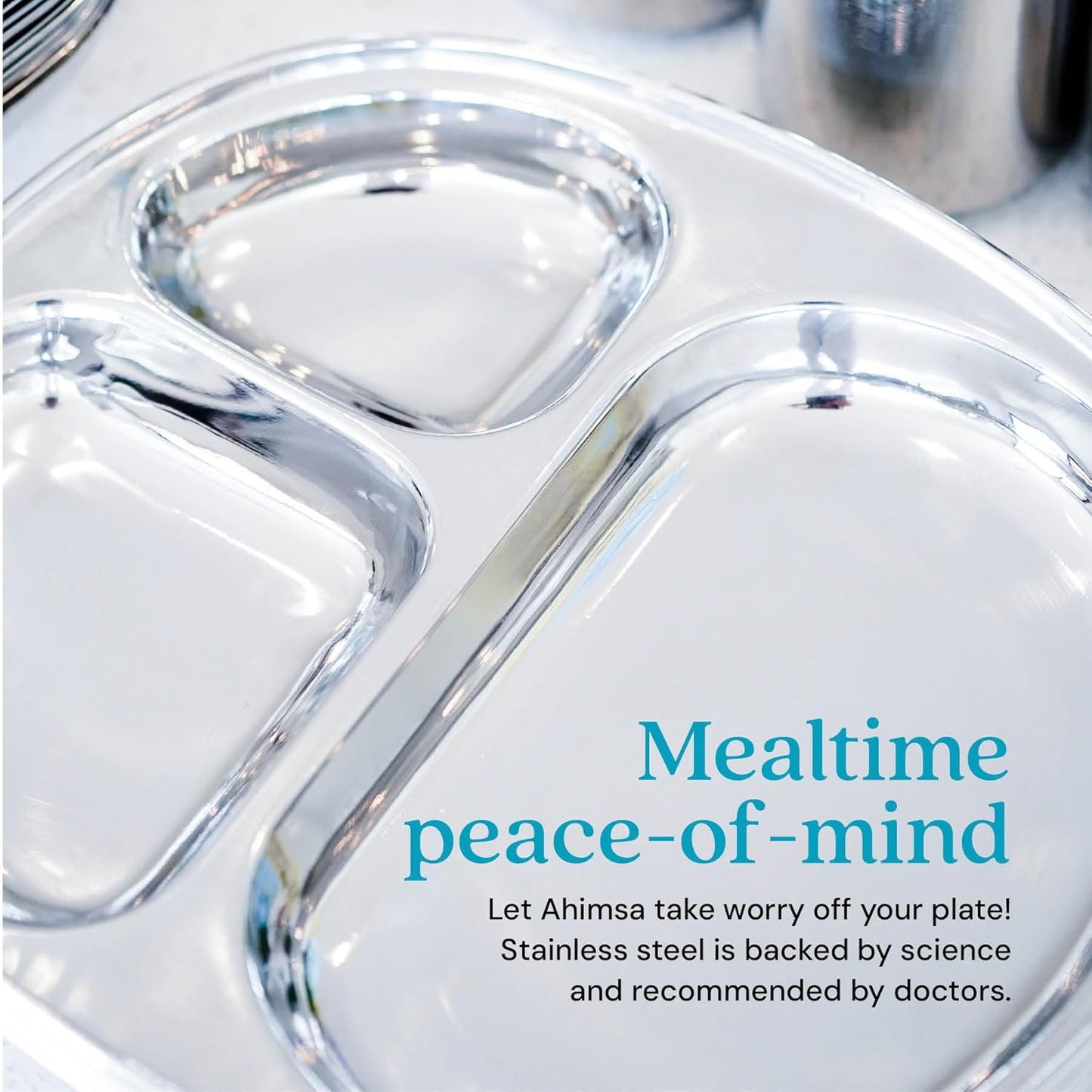 Ahimsa Stainless Steel Kids Dinnerware Set - 5 Piece Toddler Plates and Bowls Set, Pediatrician Designed, Includes Non Toxic Toddler Plate and Bowl, Kids Utensils and Cup (Classic Stainless Steel)