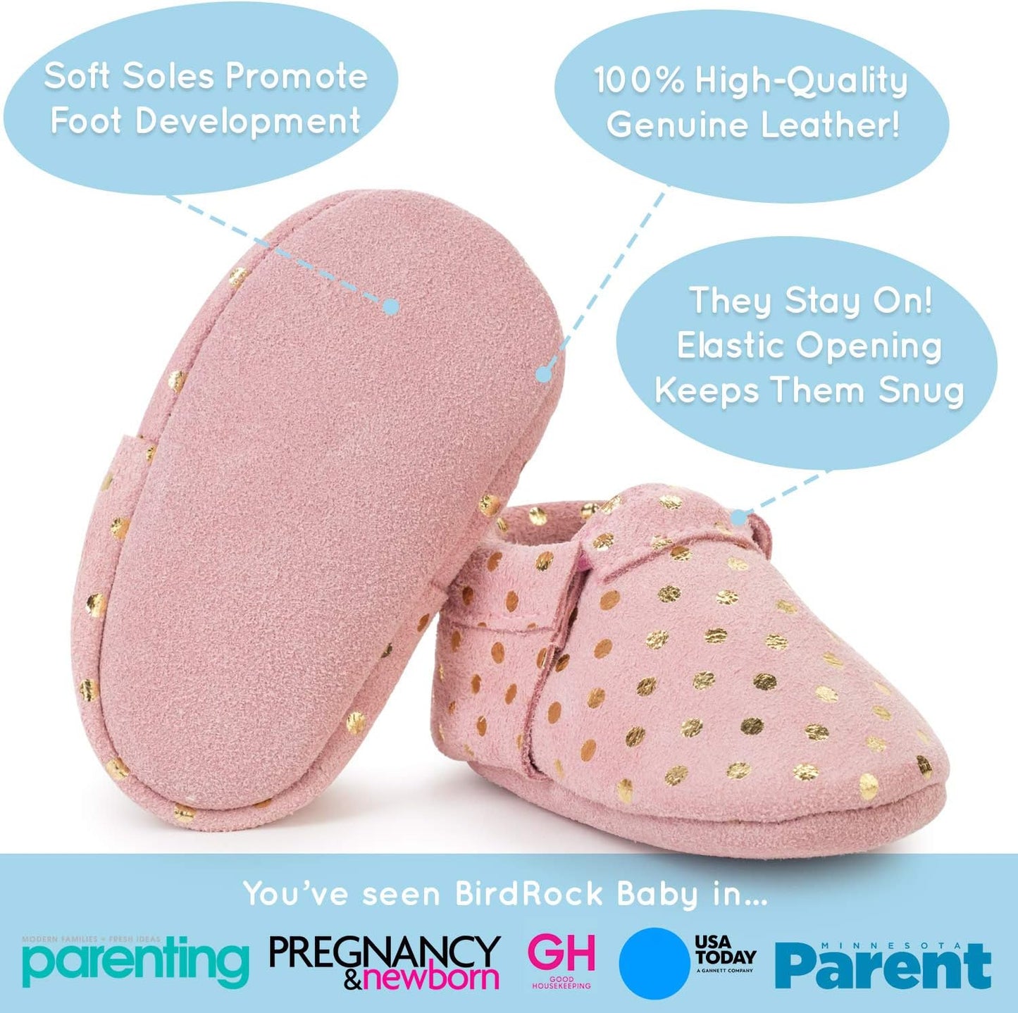 BirdRock Baby Fringeless Moccasins - Genuine Leather Boys and Girls Shoes for Newborns, Infants, Babies, Toddlers