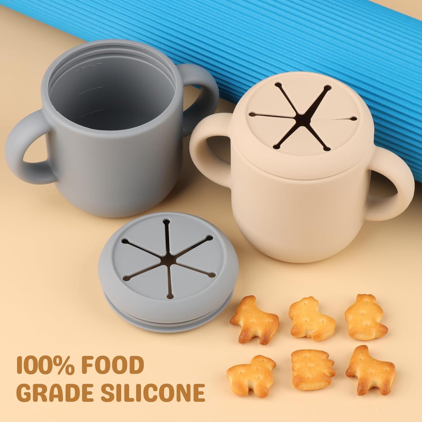 Snack Containers, Silicone Snack Cups for 6-12 Months Toddlers - Pack of 2 Food Grade Silicone Snack Cups with Grip Handle for Baby Led Weaning, Unbreakable (Natural/Cambridge Blue)