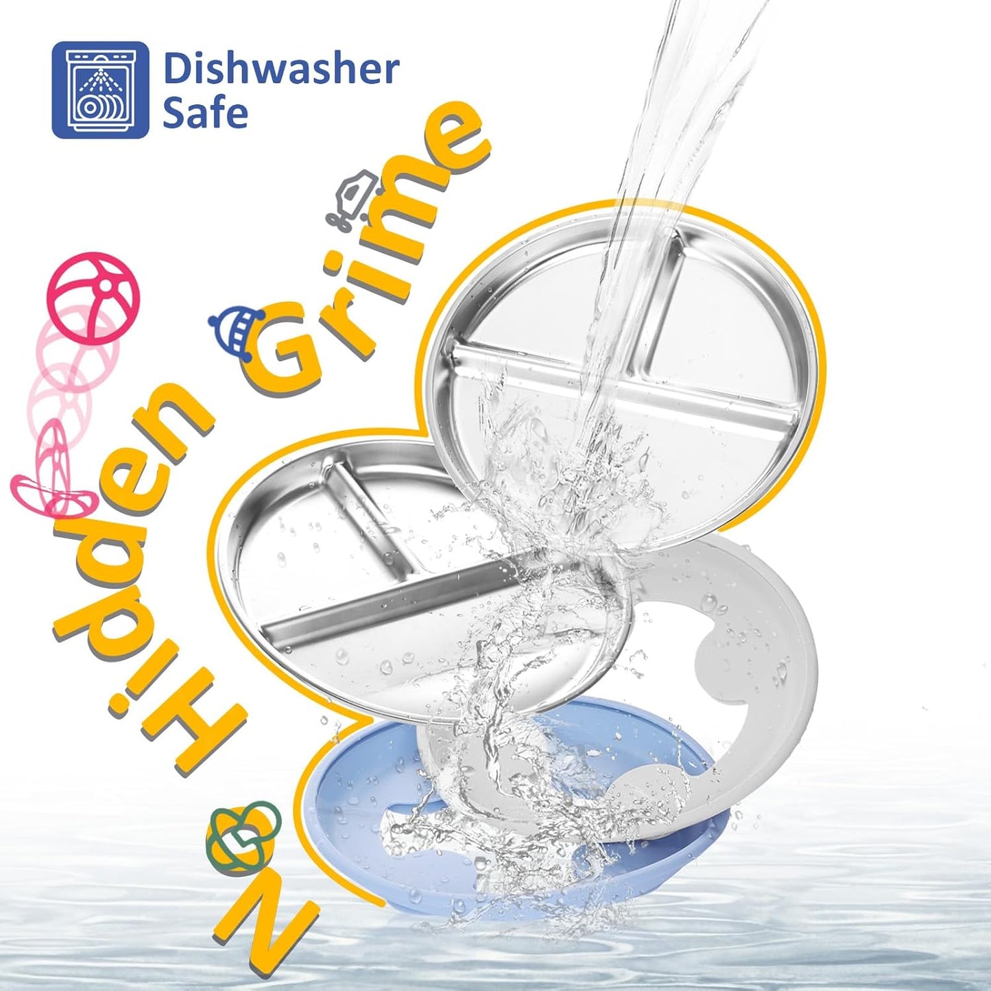 Stainless Steel Suction Plates for Toddlers, 9" Divided Kids Baby Plates with Removable Silicone Suction, Non Toxic Non Slip Portion Control Snack Dishes 3 Packs, Blue Gray Navy