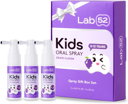 LAB52 Kids Oral Spray Gift Box, Toddler Toothpaste Helper for Daily Oral Care and Fresh Breath, Children Approved with Fluoride Free for Newborn to Preschoolers, Xylitol Grape Flavor (3 Packs)