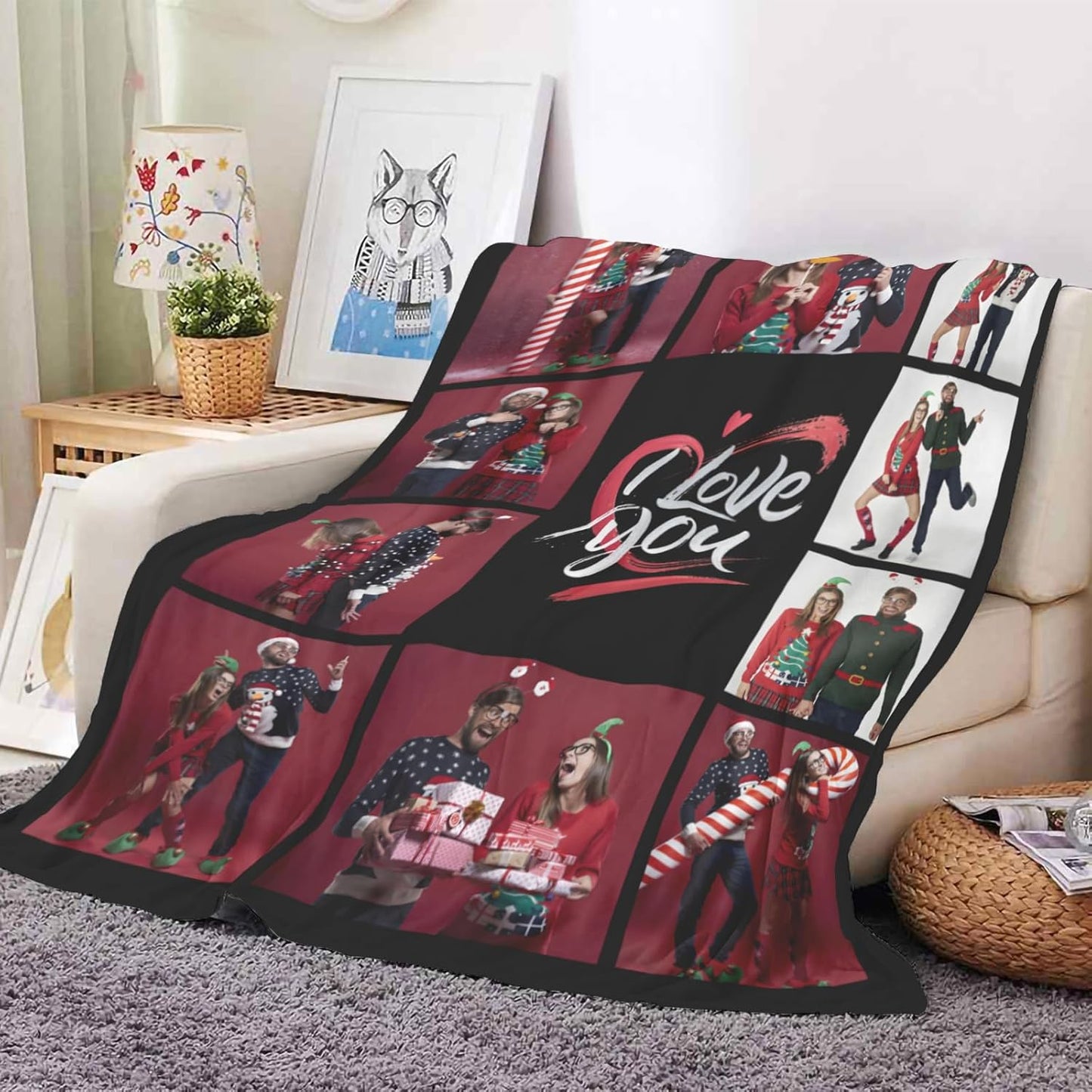 Custom Photo Blankets with Text, I Love You Halloween Decoration Gifts for Girlfriend Boyfriend, Personalized Picture Christmas Blanket for Women, Men