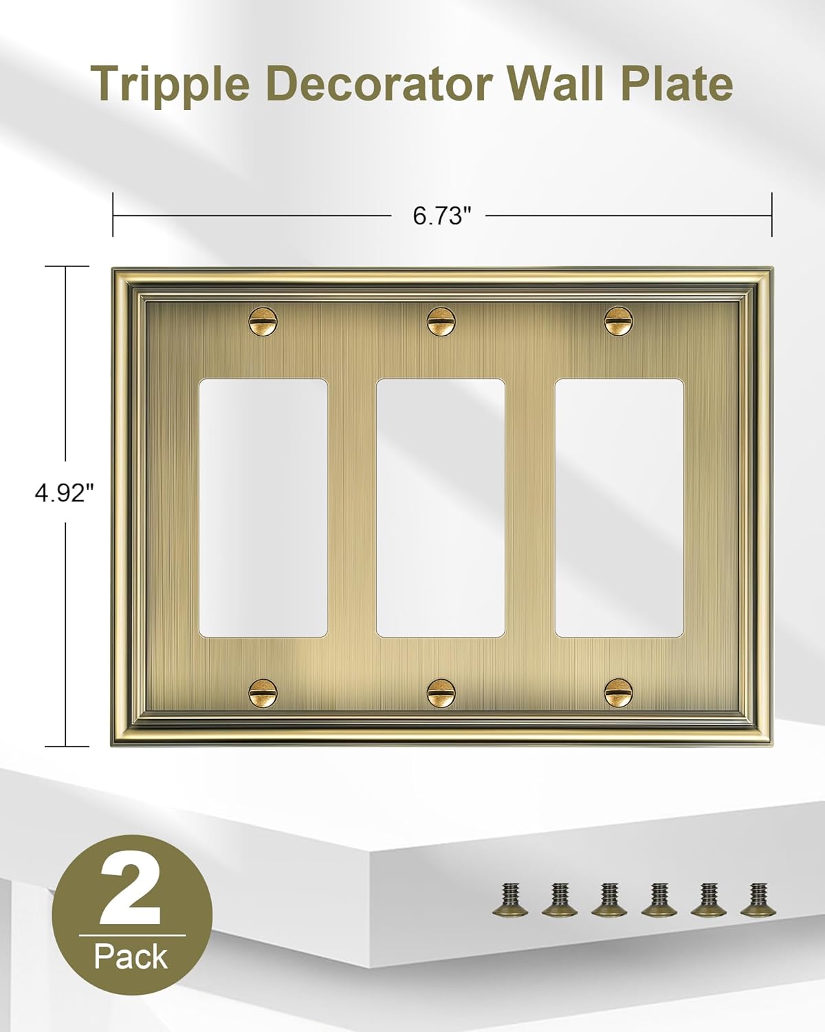 2-Pack Decorative Tripple Decorator Outlet Cover Plate, Durable Zinc Alloy Antique Brass Wall Plate for Electrical Outlets, Receptacle, GFCI Outlet, Dimmer Switch, 3-Gang, Corrosion Resistant