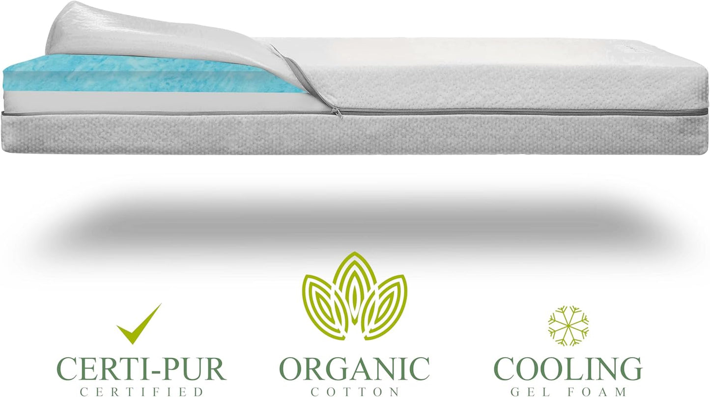 Organic Cotton Dual-Sided Crib Mattress | 2-Stage Premium Memory Foam CertiPUR-US Hypoallergenic Baby Mattress, Firm Support for Infant, Cooling Gel for Toddler, Waterproof Washable Cover, 52x27.5x5.5