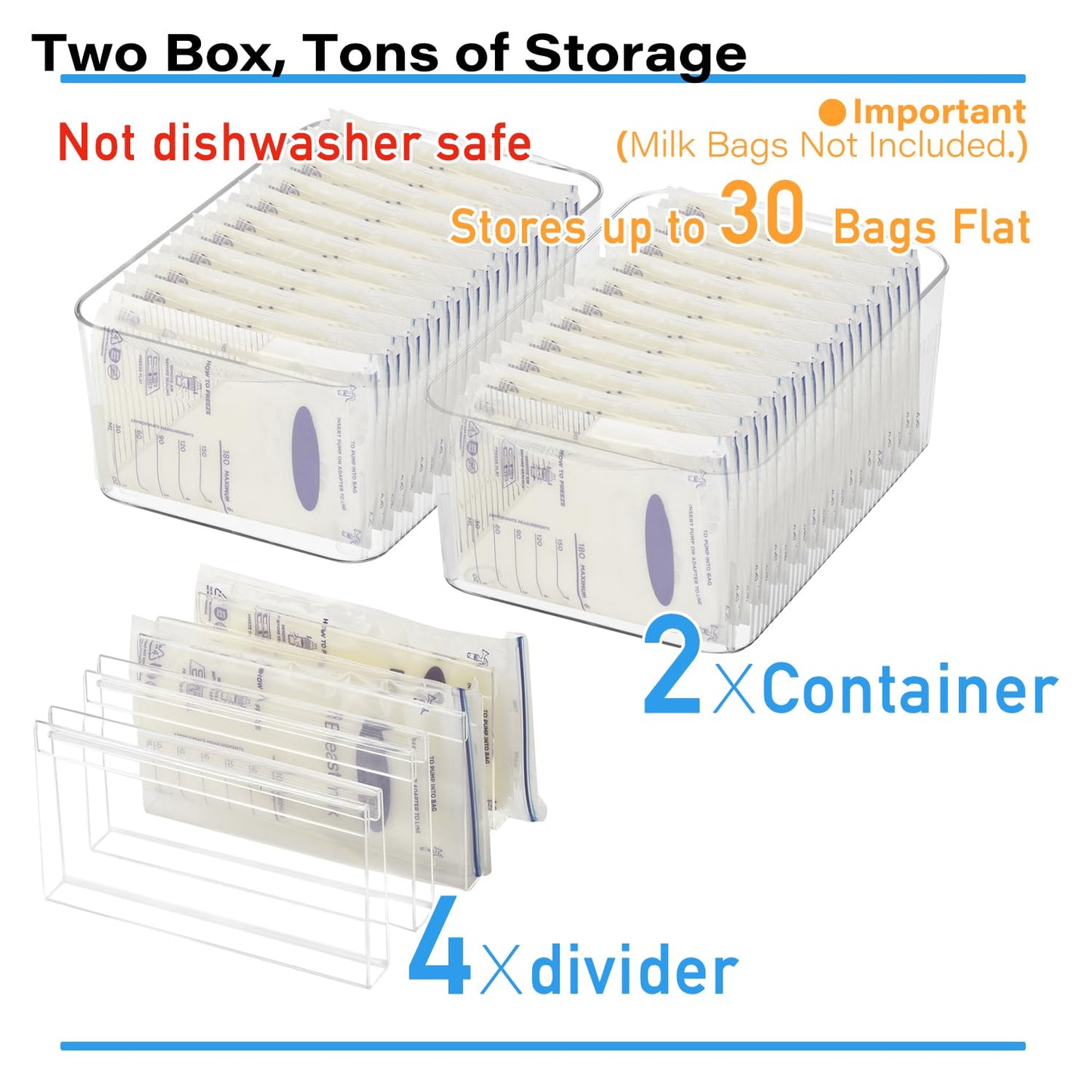 Breastmilk Storage Container with 4 Freezer Flattener Kit to Flatten Standing Breast Milk Bags in Organizer Bins Save Refrigerator Space |Horizontal Storage