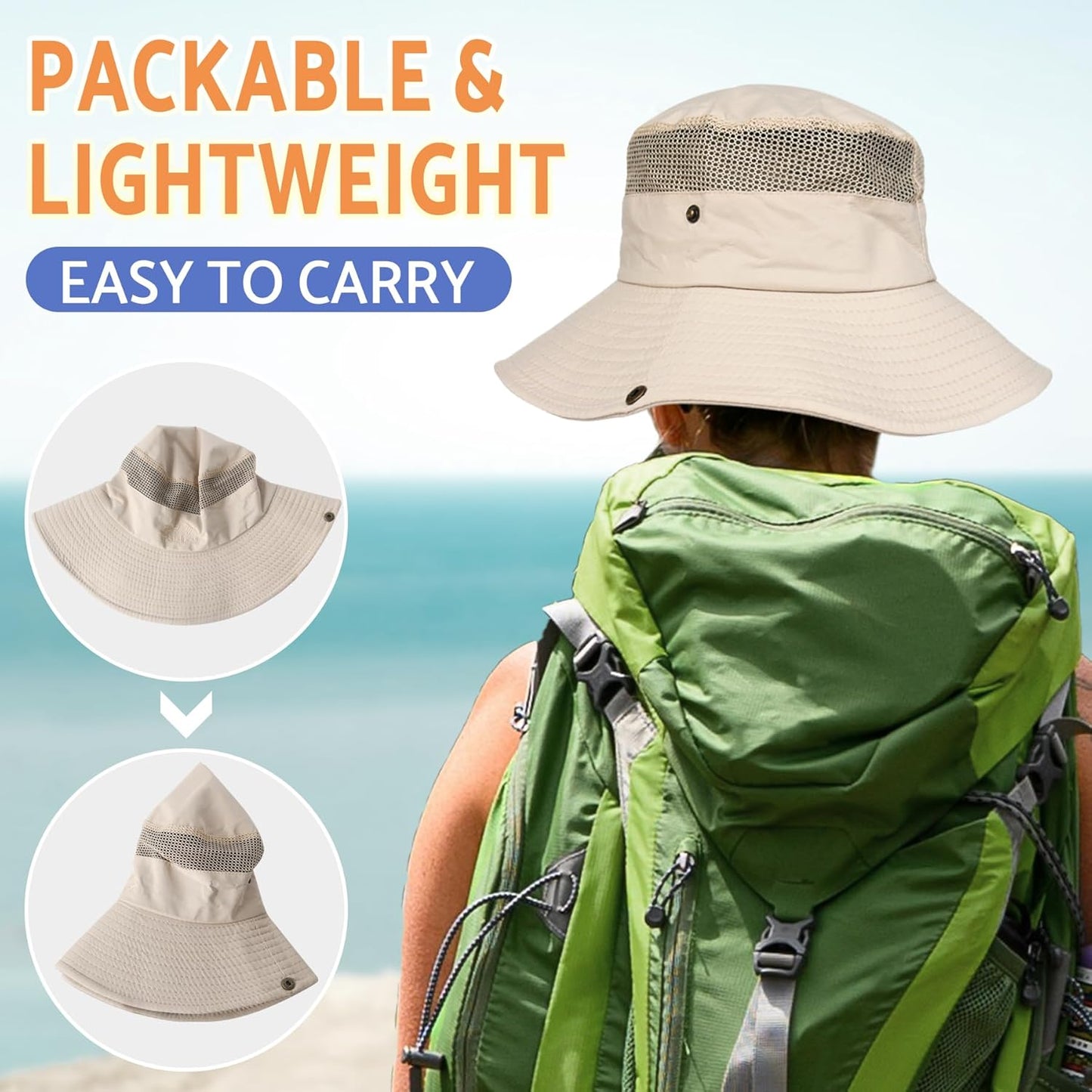 PFFY Sun Bucket Hats for Men Women 3” Wide Brim UPF 50+ Fishing & Beach Hat