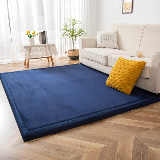 MAXYOYO Coral Velvet Area Rug, Thick Japanese Tatami Mat Living Room Carpet with Non-Slip Backing, Large Solid Color Mat for Bedroom Dormitory Yoga, Navy, 78 by 118 inch