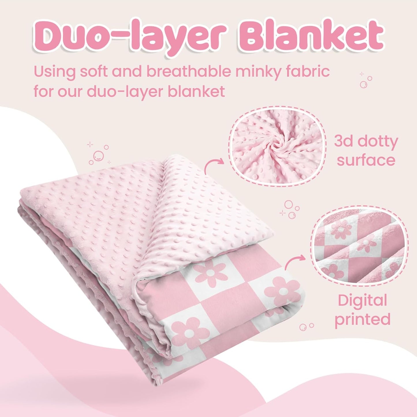 Daisy Minky Baby Blanket 30 x 40 Inches for Girls, Soft Plush Receiving Blanket with Dotted Back, Gift for Toddler Newborn Infant Christmas Birthday Baby Shower