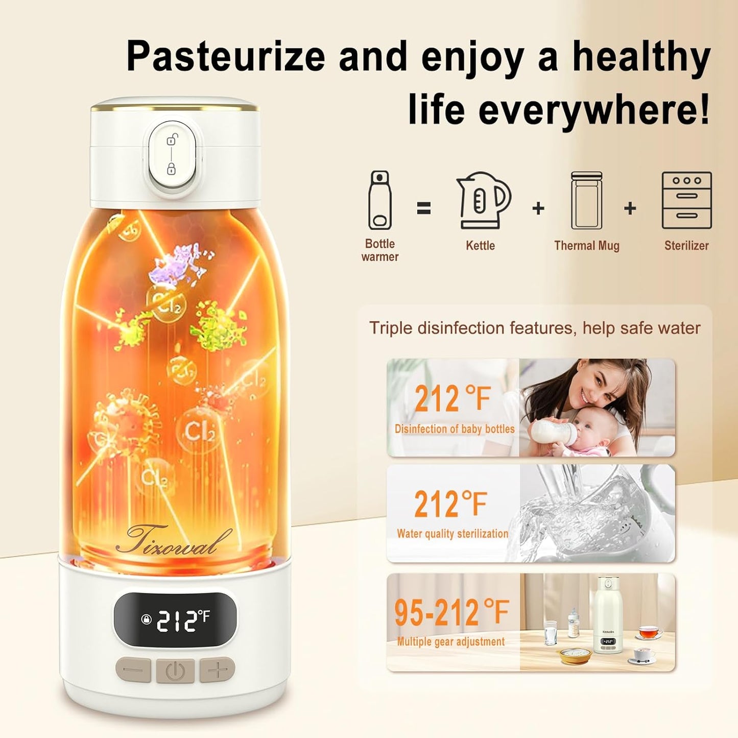 Portable Bottle Warmer for Travel Portable Milk Warmer for Baby Travel,Multi-Speed Keep Warm Function, 95-212℉ 17oz Capacity,66W Battery,24hrs Keep Warm,Best Choice for Travel Bottle Warmer on The Go