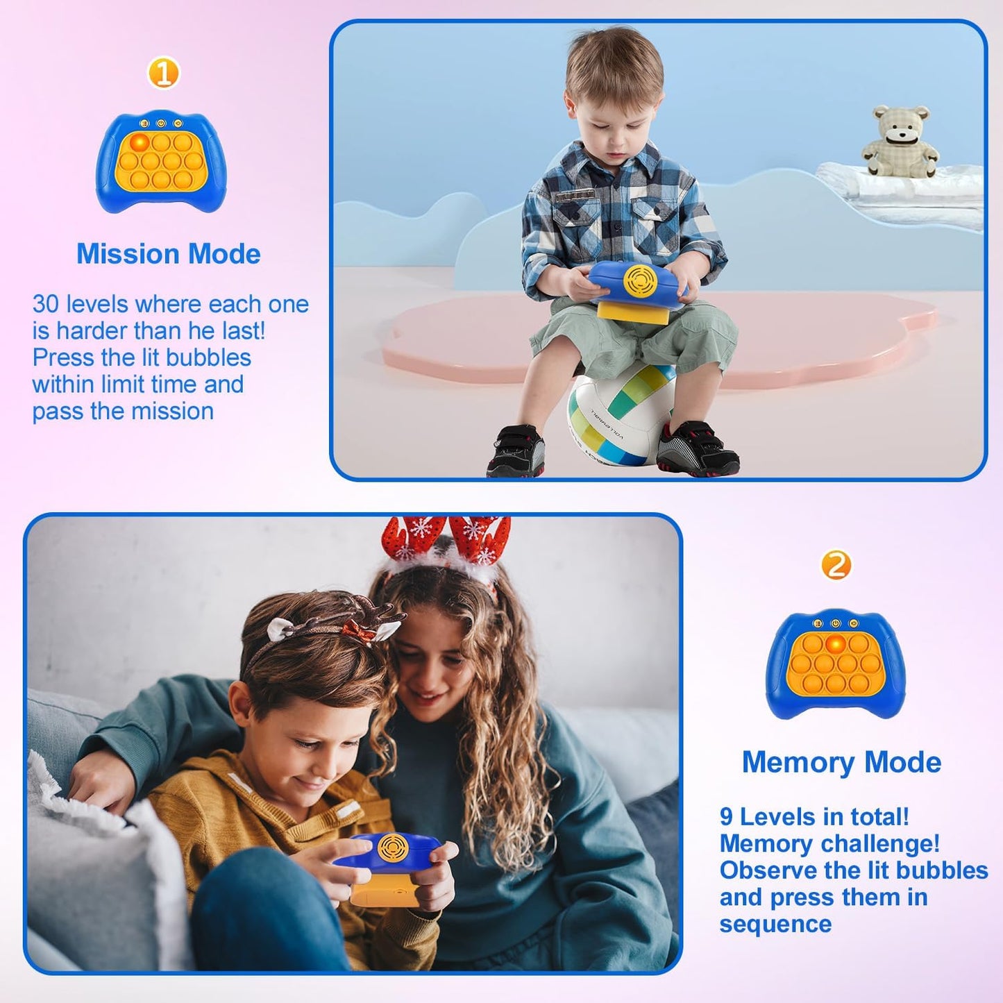 Quick Push Puzzle Game Machine Pop Fidget Light-Up Squeeze Poppet Sensory Toy Educational Push Pop Bubble Toy Stress Relief Party Favors Puzzle Game for Kids Teens Adults (Blue)