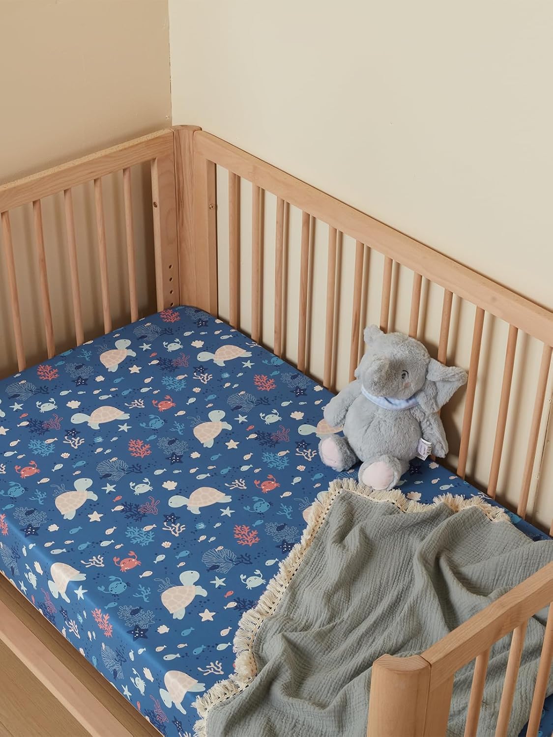 TILLYOU Baby Crib Sheets for Boys Girls, Super Soft Toddler Bed Sheets, 2 Pack Sheets for Standard Crib Mattress 28x52in, Beach Time Turtle and Lake Blue