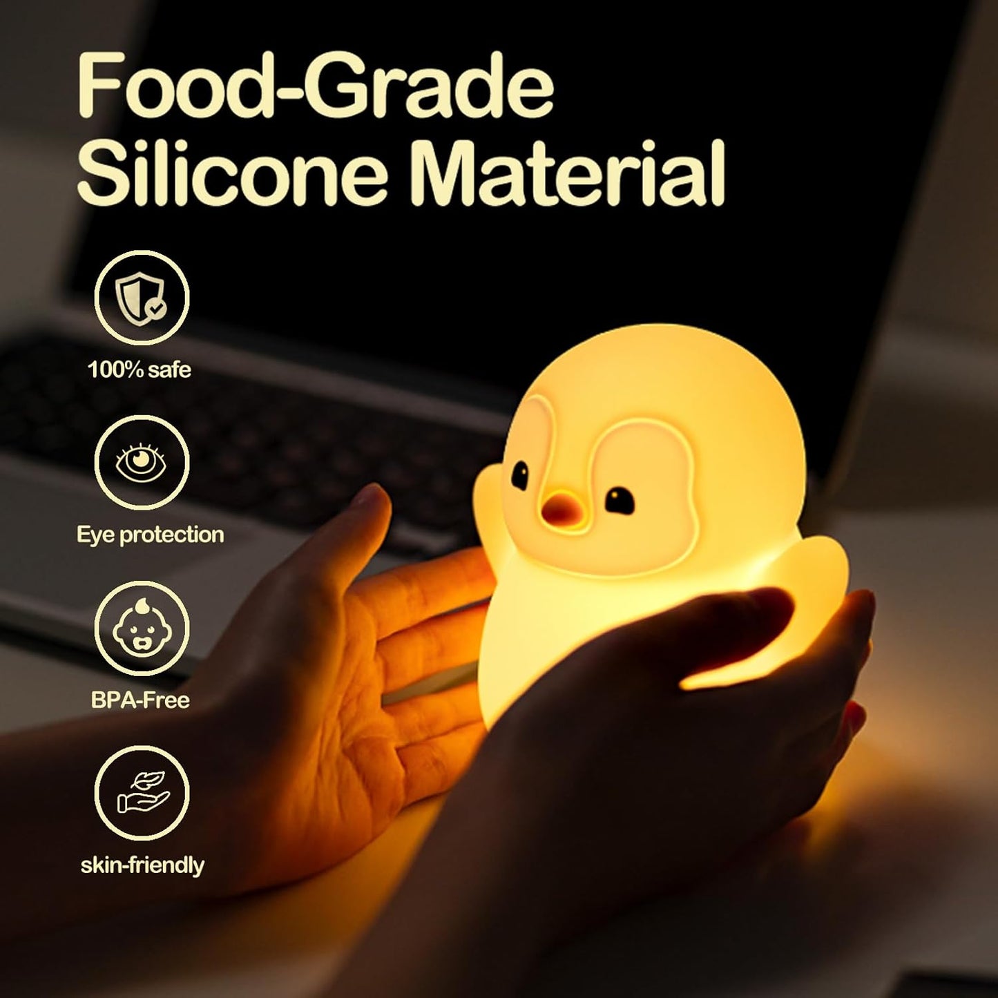 ATSUI Happy Penguin Night Light, LED Squishy Novelty Animal Lamp, Food Grade Silicone, 2 Level Dimmable, Nursery Nightlight for Desk Decor, Funny Gifts Stuff for Boys Girls Baby, White Elephant Gifts