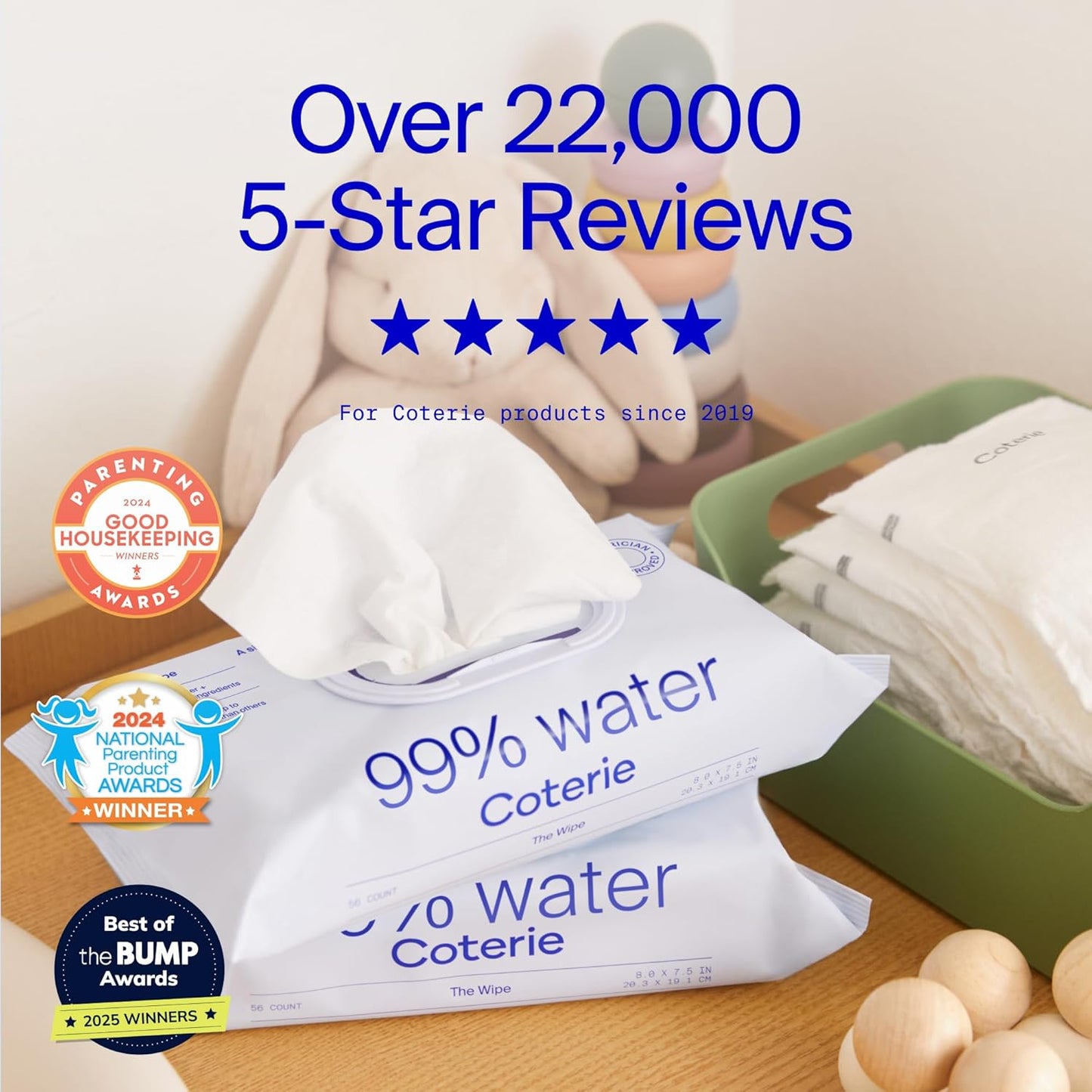 Coterie Baby Wipes for Sensitive Skin, Plant-Based and Plastic-Free Fibers, 99% Water, Hypoallergenic, pH Balanced, Unscented, Clean and Gentle Baby Essentials, 12 Pack, 672 Count