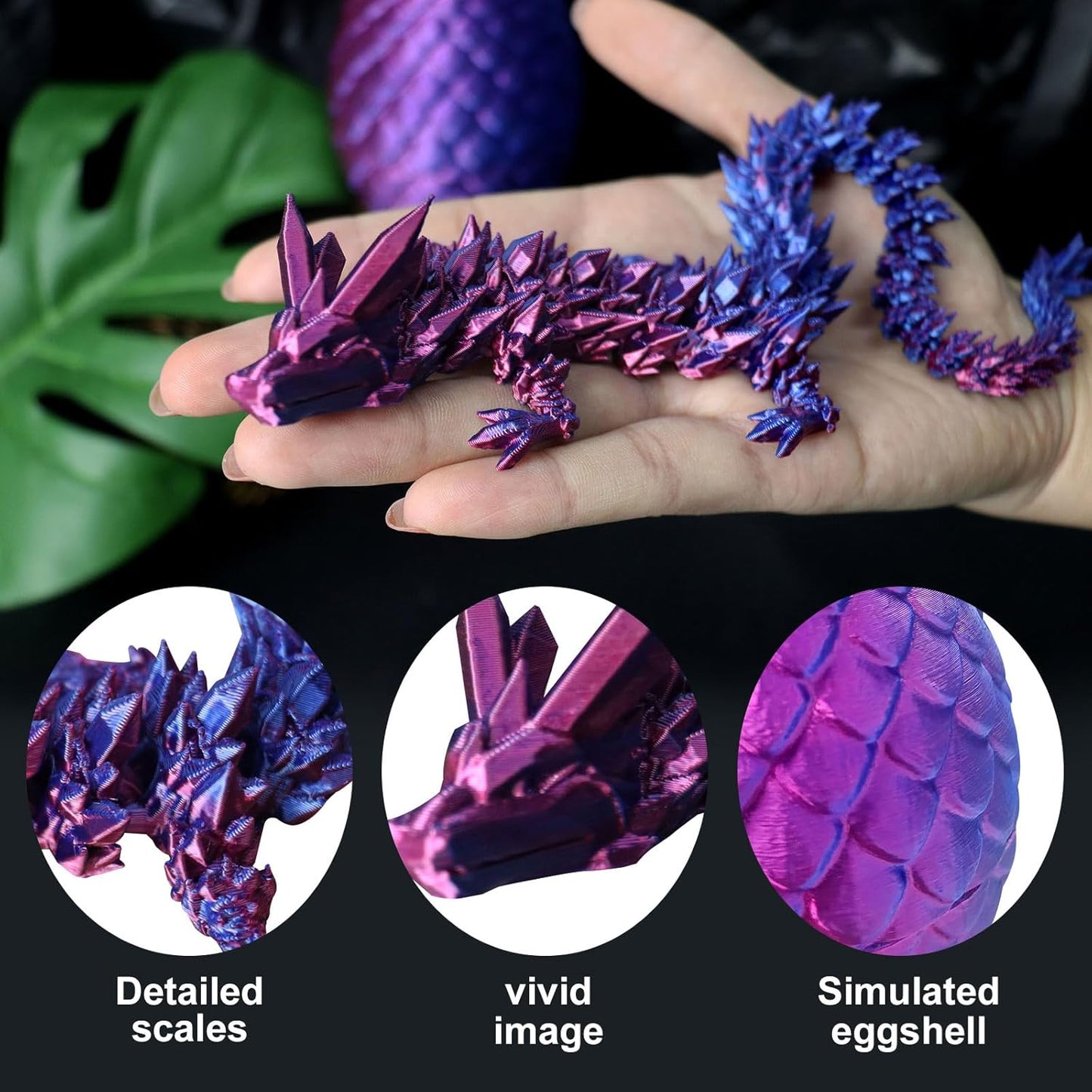 Easter Eggs 3D Printed Dragon in Egg, Full Articulated Dragon Crystal Dragon with Dragon Egg, Flexible Crystal Dragon Fidget Toys for Adults Easter Basket Stuffers Kids Party Favors (12",Laser Purple)