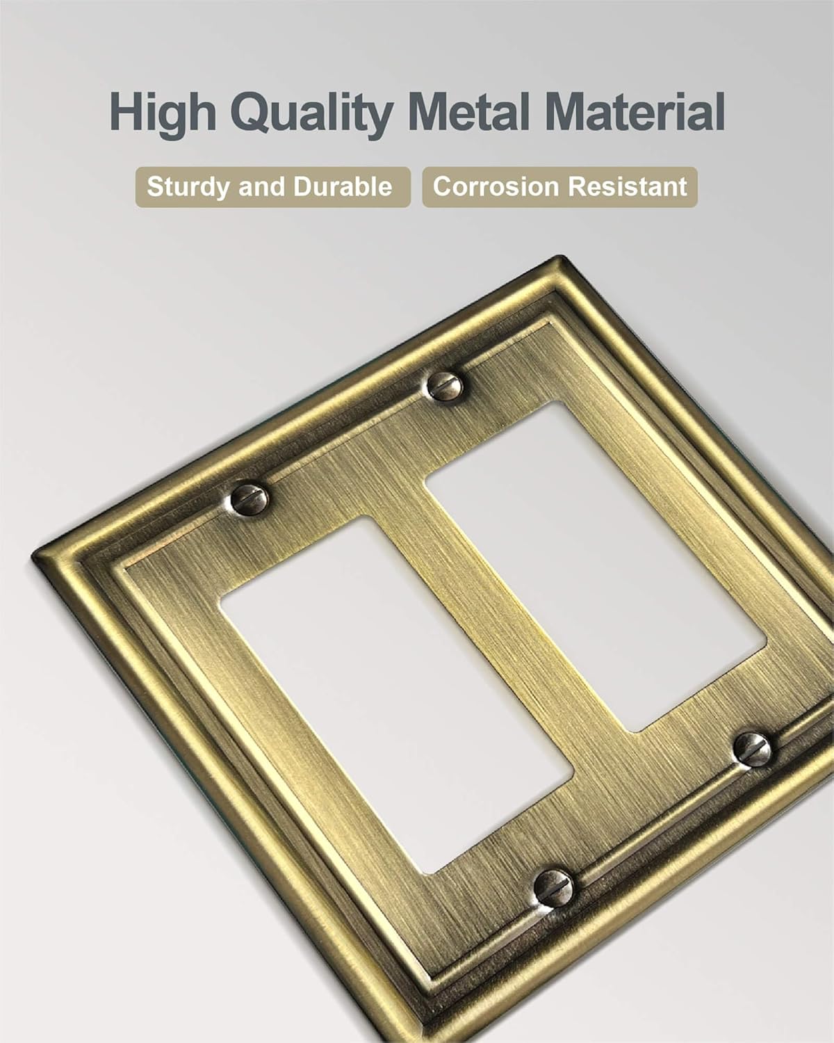 Double Decorator Wall Plates,Metal Electrical Outlet Covers for Receptacles, Dimmer Switches, GFCI Outlets, Antique Brass, 2-Gang, 2 Pack