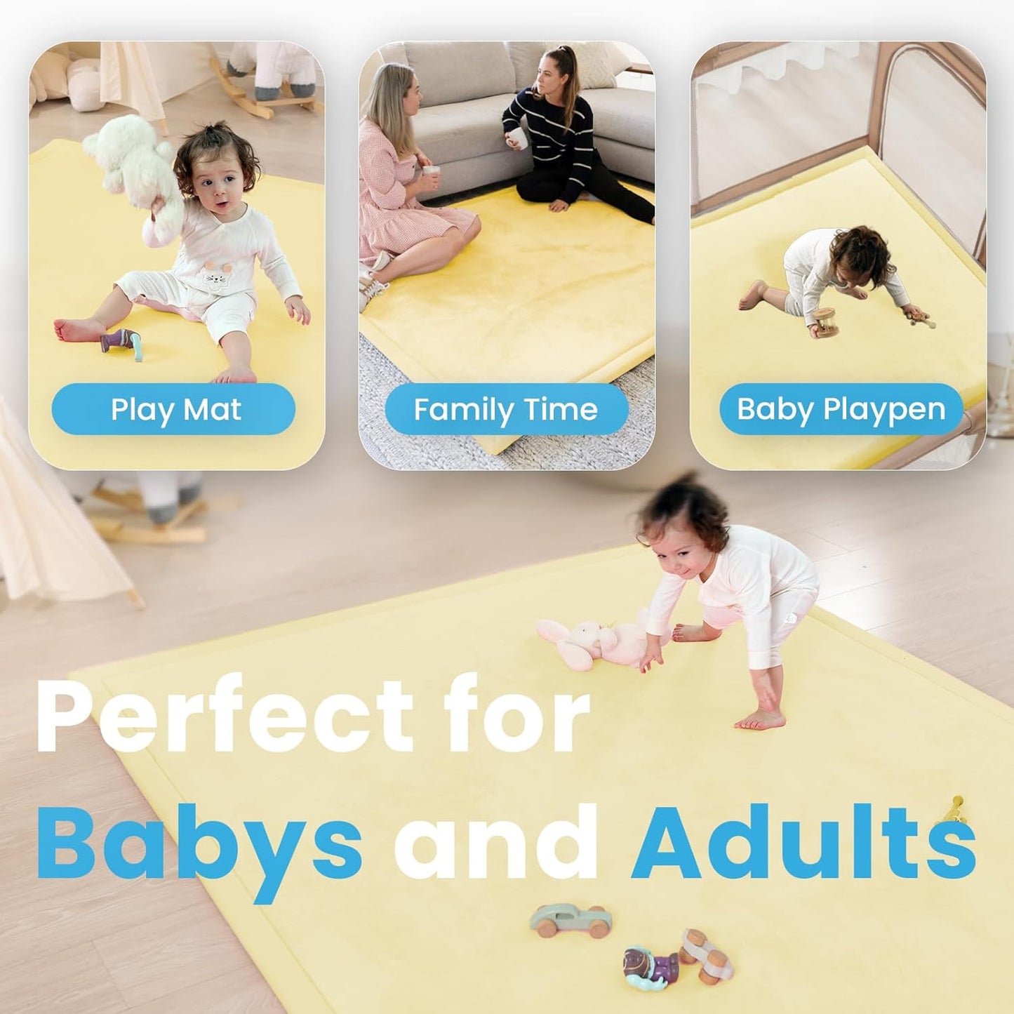 Baby Play Mat for Kids Room,Extra Thick Elasti-Foam Anti-Fall Cushion Mat for Babies,Toddlers,Infants,Water-Repellent&Non-Slip Bedroom Bedside Rugs(Vanilla)