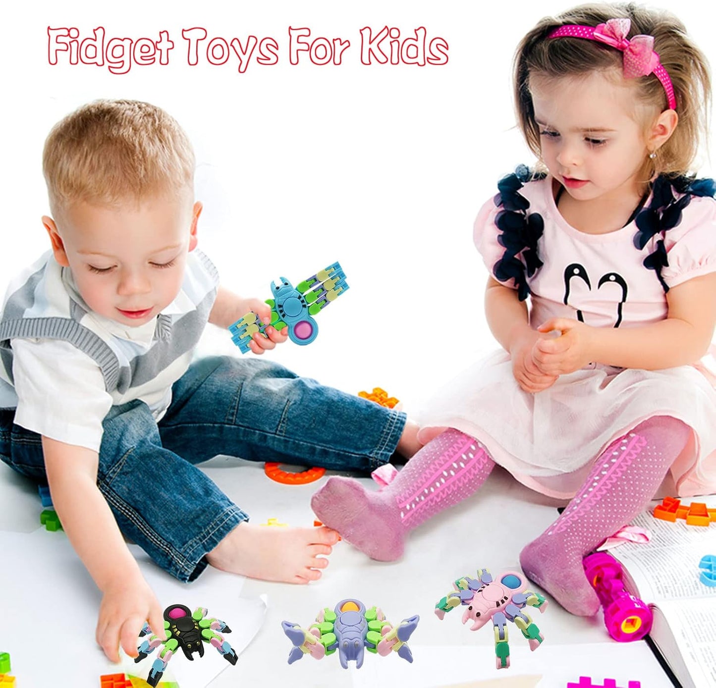 Sensory Fidgets Toys for Kids and Adults,4 Pack Transformable Fidget Spinners for Boys Girls, Chain Pop Spider Fingertip Toy for ADHD Autism for Kids Gifts, Random Color