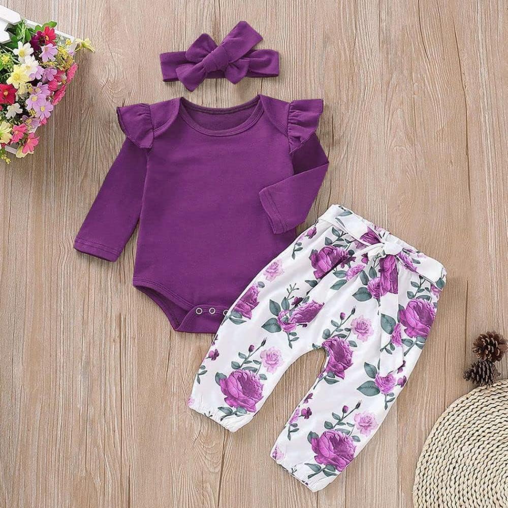 Newborn Baby Girl Clothes, Infant Girl Outfits Long Sleeve Ruffle Romper + Floral Pants + Headband Set