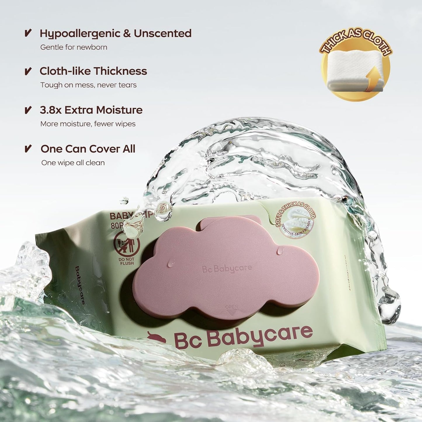 Bc Babycare Cloud Moist Wet Baby Wipes, Thick & XL, 99% Water, Ultra-Hydrating, Unscented, Hypoallergenic for Sensitive Skin, Biodegradable, 6 Flip-Top, 480 Count