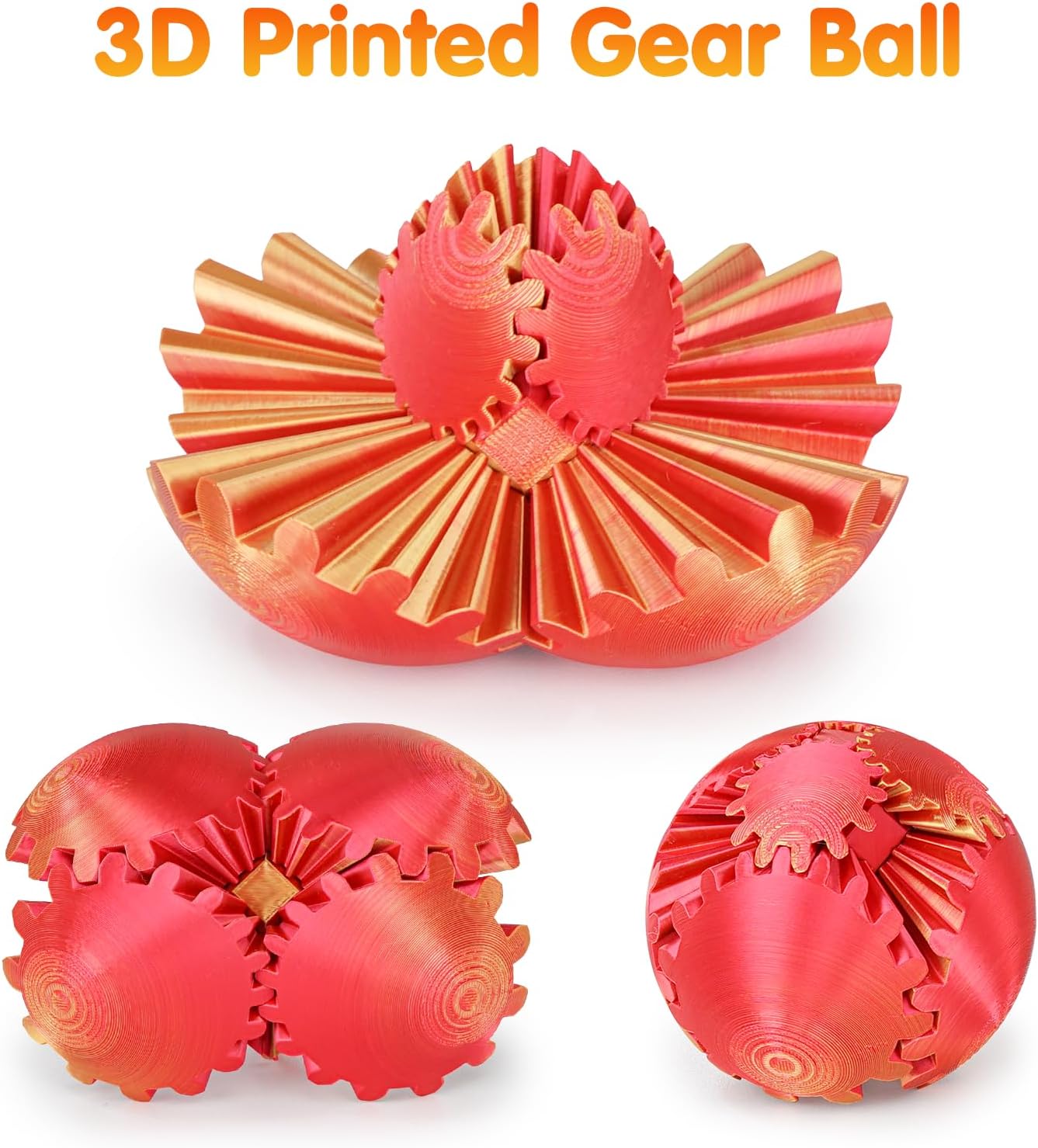 Gear Ball Fidget Toy - 3D Printed Stress Relief Spinner, Educational and Fun Gift for Kids & Adults, Durable & Eco-Friendly, Ideal for Birthday (Orang Red)