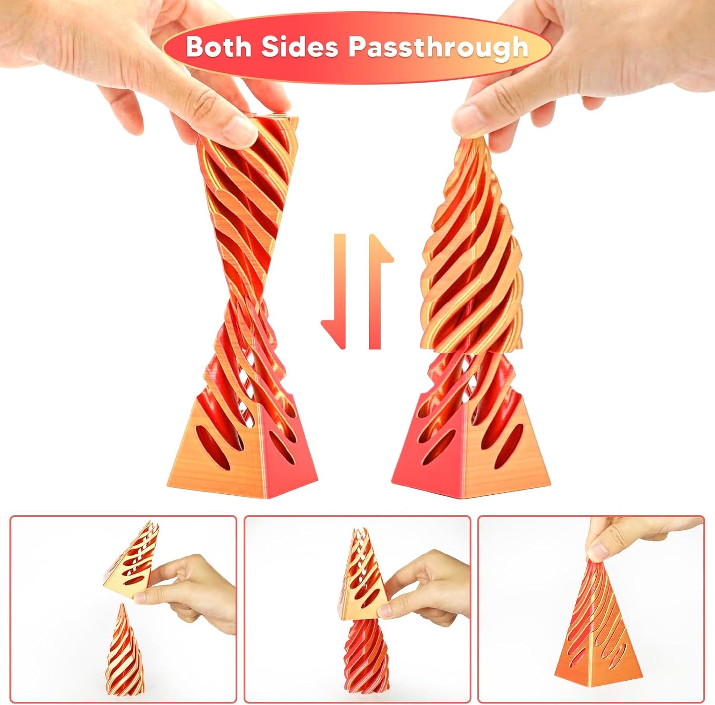 Impossible Pyramid Passthrough Sculpture, 3D Printed Spiral Cone Fidget Toys, Anxiety Relief Pass Through Pyramid Fidget Toy, Stress Relief Desk Toy Adults, Christmas, Birthday Gifts (Gold Red)