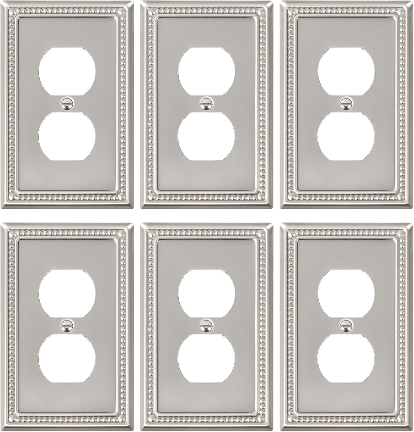 6-Pack Duplex Outlet Cover Plate, Metal Wall Plates for Electrical Outlets, Brushed Nickel 1 Gang Receptacle Cover, Pearls Decorative Switch Plates and Outlet Covers