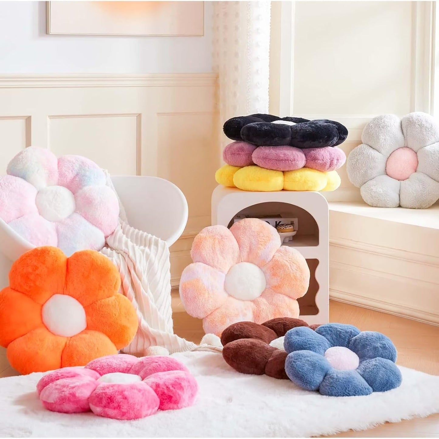 Black Flower Shaped Throw Pillow with Faux Rabbit Fur, 14.9" Soft Plush Throw Pillow for Bedroom & Living Room