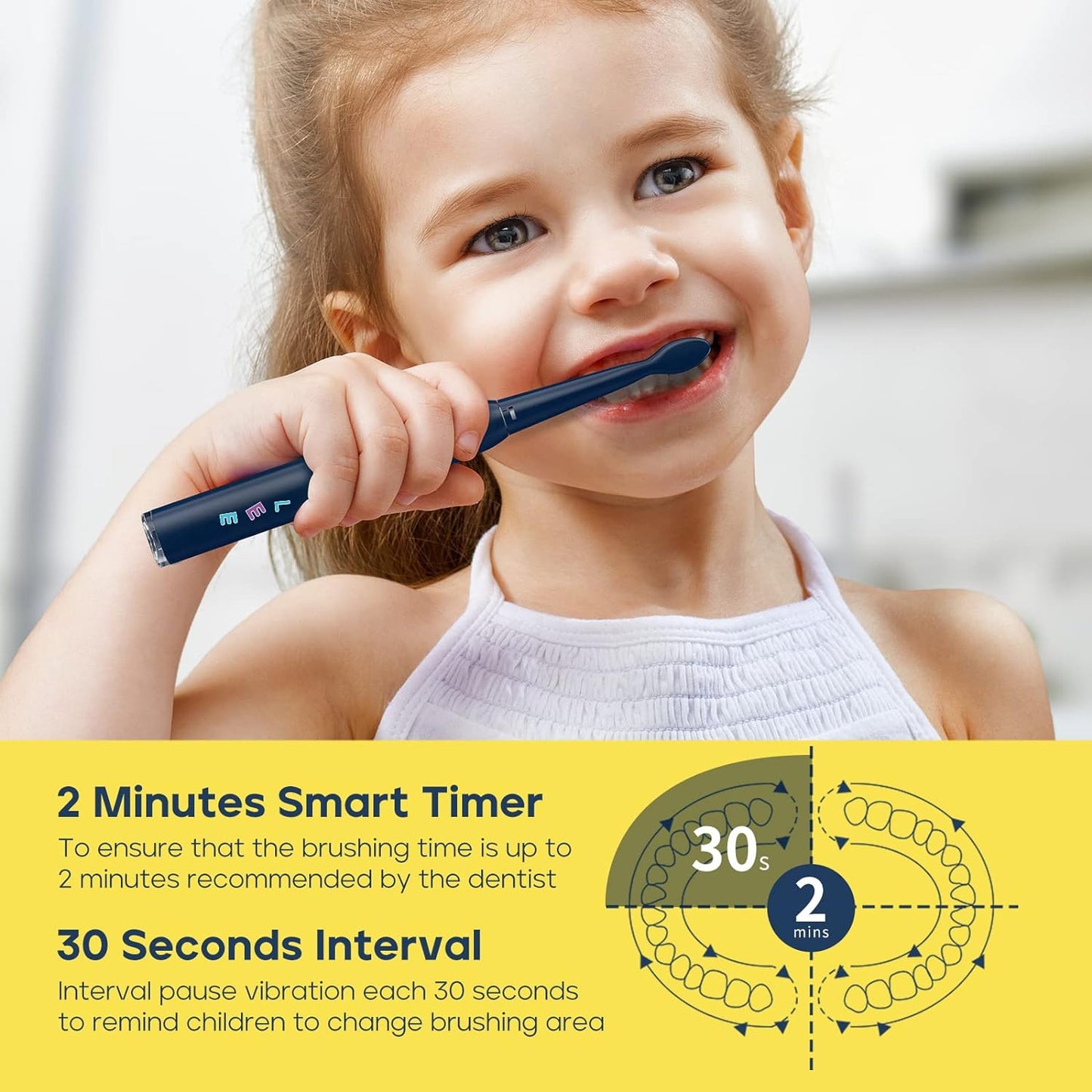 SEAGO Kids Electric Toothbrush, Rechargeable Sonic Soft Bristle Toothbrushes with 8 Brush Heads, DIY Stickers and 5 Modes, Ideal for Kids and Children, Ages 3–12，SG2303(Navy)
