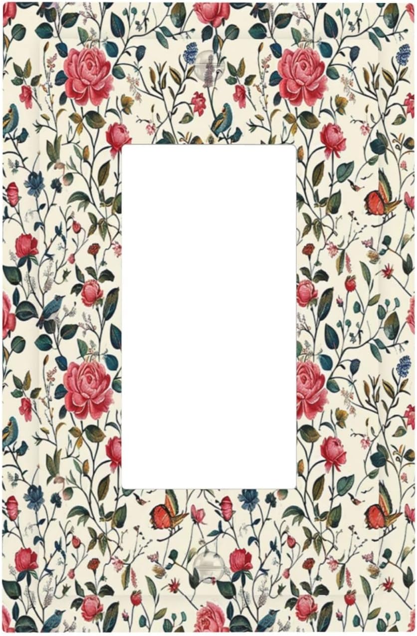 Decorative Outlet Covers Vintage Flowers Rose Leaf Bird Butterfly 1 Gang Single Rocker Light Switch Cover Plate Wall Plates GFCI Faceplate for Bedroom living Room Decor