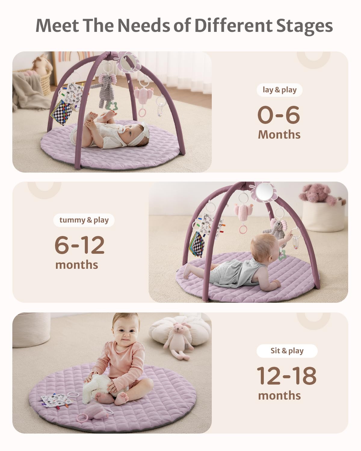 Blissful Diary Baby Play Gym Mat, Tummy Time Activity Mat with 6 Detachable Toys for Stage-Based Sensory & Motor Skill Development, Easy to Install & Clean, Baby Essentials Gift, Lavender Pink