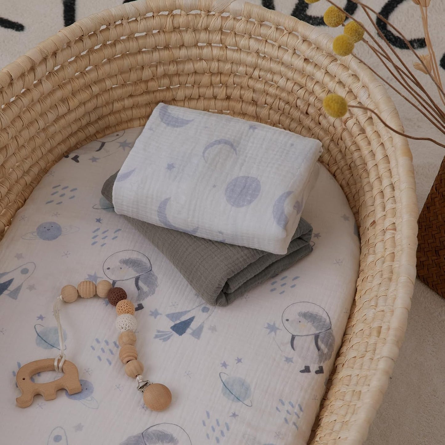 Gllquen Baby Muslin Bassinet Sheets 3 Pack, Breathable Elastic Cozy Fitted Cotton Bassinet Mattress Sheet for Baby Boy Girls, Fit for Hourglass Oval Rectangular Cradle Pad Sheets 33"x17" (Space)