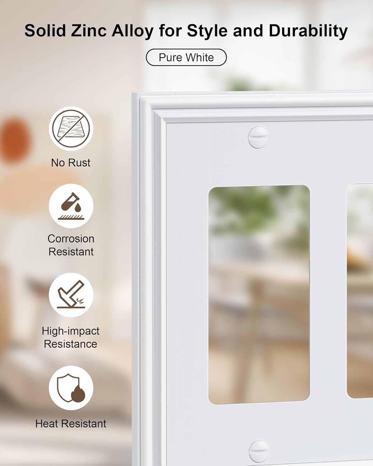 2-Pack Decorative Tripple Decorator Outlet Cover Plate, Durable Zinc Alloy Pure White Wall Plates for Electrical Outlets, Receptacle, GFCI Outlet, Dimmer Switch, 3-Gang, Corrosion Resistant