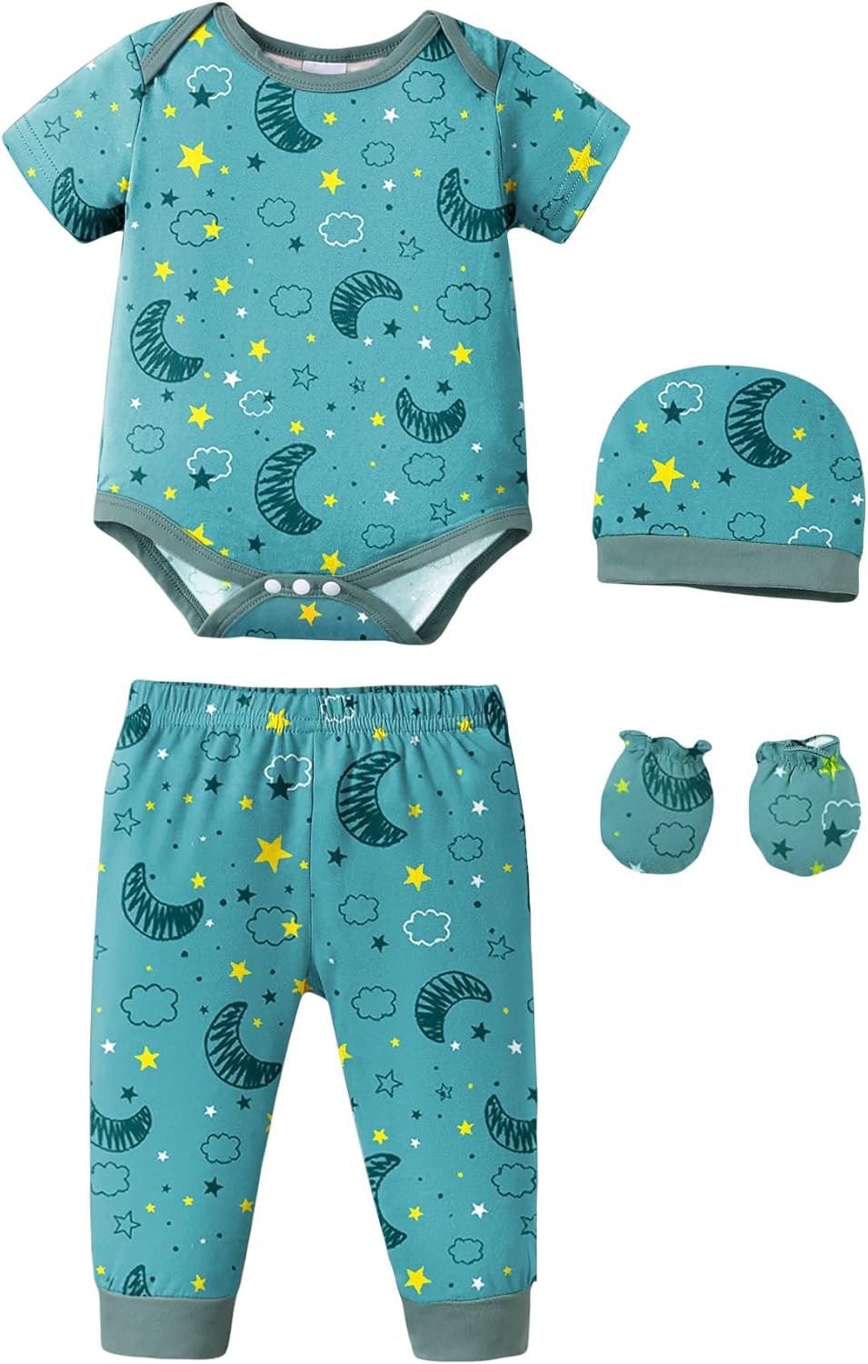 NZRVAWS Newborn Baby Boy Girl Clothes Unisex Infant Romper Pants Set Hat 4-Pack Outfits 0-12 Months 16 Pieces Toddler