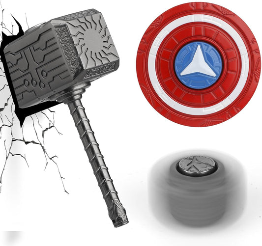 Mjolnir Fidget Spinner Cube Toy for Kids Adult, Hammer Figit Hand Spinner with Shield Finger Spinner Metal Block Transformable Gyro Fidget Keychain, Cool Gadget Bag Filler Gift 2 Pack
