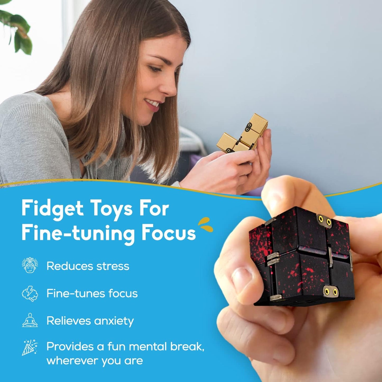 PILPOC theFube Infinity Cube Fidget Desk Toy - Aluminum Infinite Magic Cube with Case, Sturdy, Heavy, Relieve Stress and Anxiety, for ADD, ADHD, OCD (Black Red)